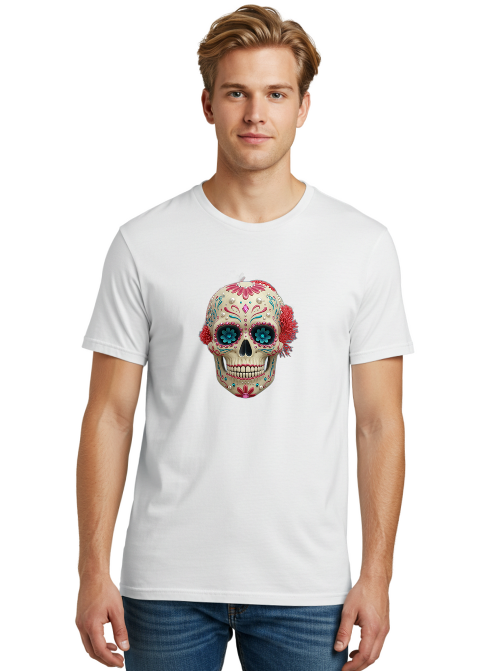 Sugar-Skull-18 Men'S Graphic Tee, 100% Cotton, Comfortable Casual Summer Wear, Machine Washable, Sugar Skull, Dia De Los Muertos, Vibrant Flowers, Colorful Decorations, Festive Atmosphere, Mexican Culture, Ornate Design, Floral Patterns, Bad767