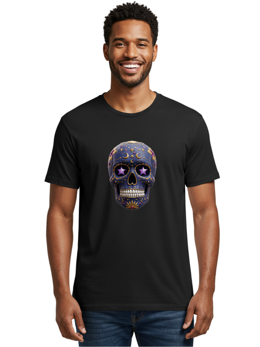 Sugar-Skull-19 Men'S Graphic Tee, 100% Cotton, Comfortable Casual Summer Wear, Machine Washable, Sugar Skull, Day Of The Dead, Decorative Skull, Mystical Symbols, Stars, Moon, Celestial Design, Vibrant Colors, Gold Accents, Purple Stars, Bad768