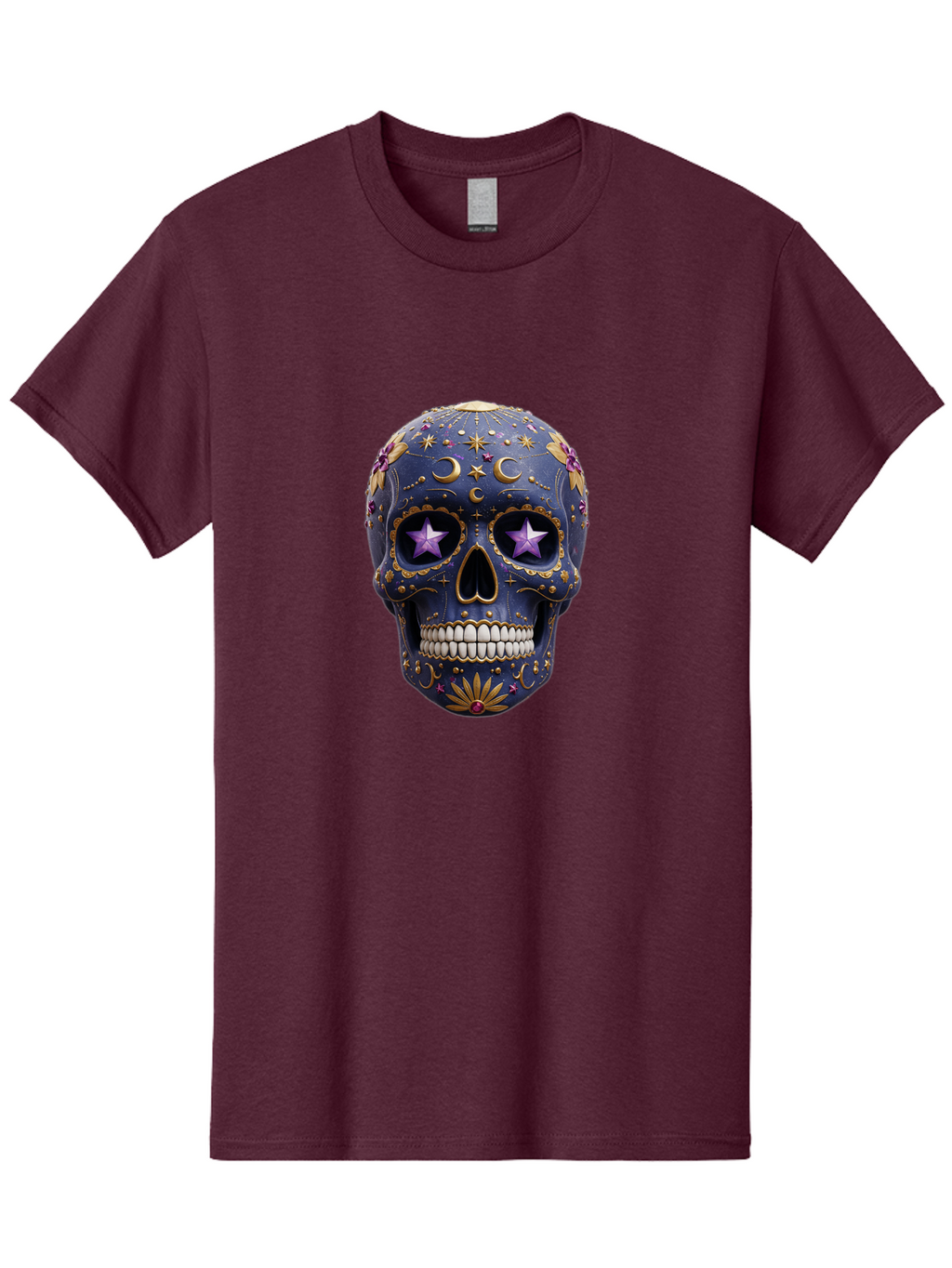 Sugar-Skull-19 Men'S Graphic Tee, 100% Cotton, Comfortable Casual Summer Wear, Machine Washable, Sugar Skull, Day Of The Dead, Decorative Skull, Mystical Symbols, Stars, Moon, Celestial Design, Vibrant Colors, Gold Accents, Purple Stars, Bad768