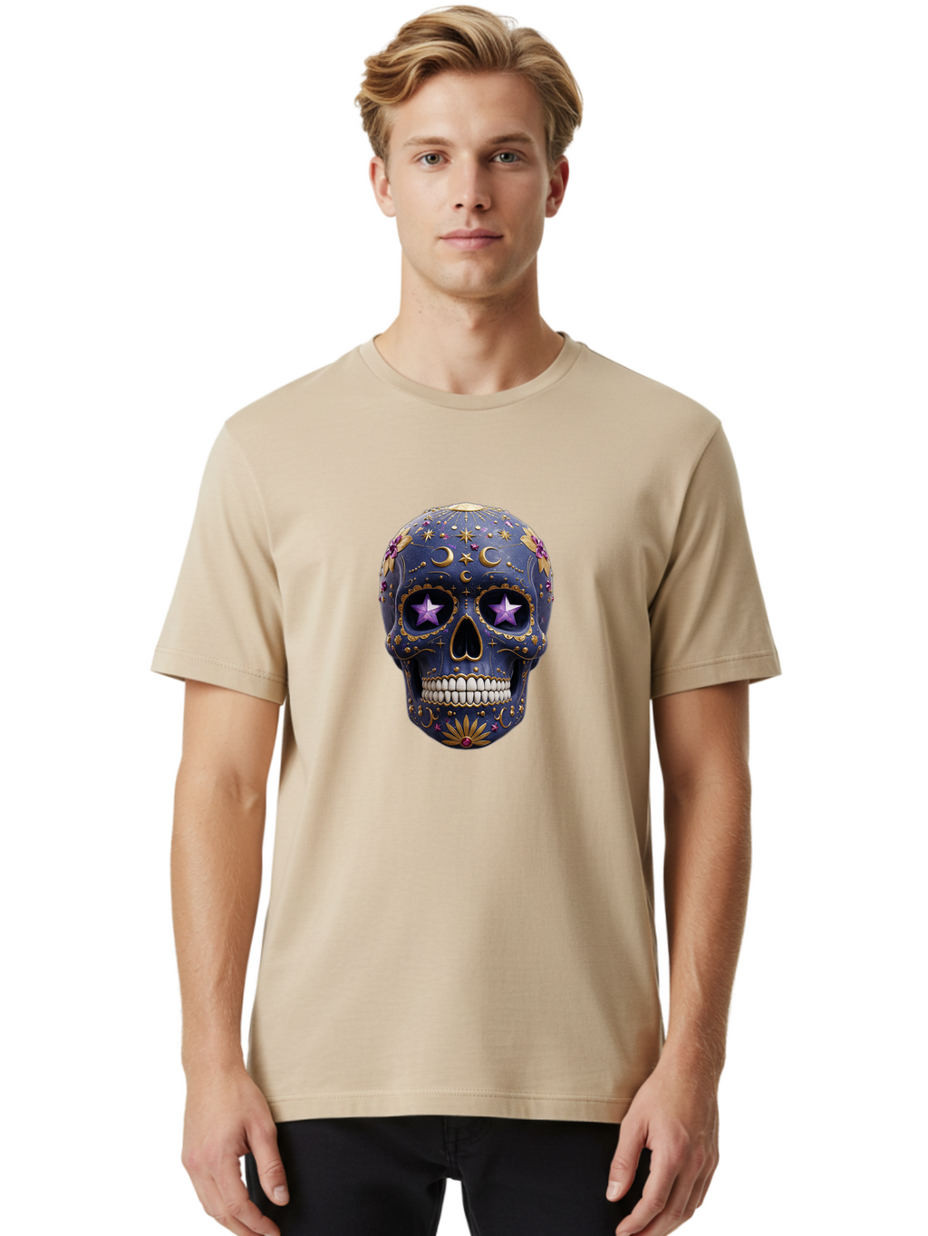 Sugar-Skull-19 Men'S Graphic Tee, 100% Cotton, Comfortable Casual Summer Wear, Machine Washable, Sugar Skull, Day Of The Dead, Decorative Skull, Mystical Symbols, Stars, Moon, Celestial Design, Vibrant Colors, Gold Accents, Purple Stars, Bad768