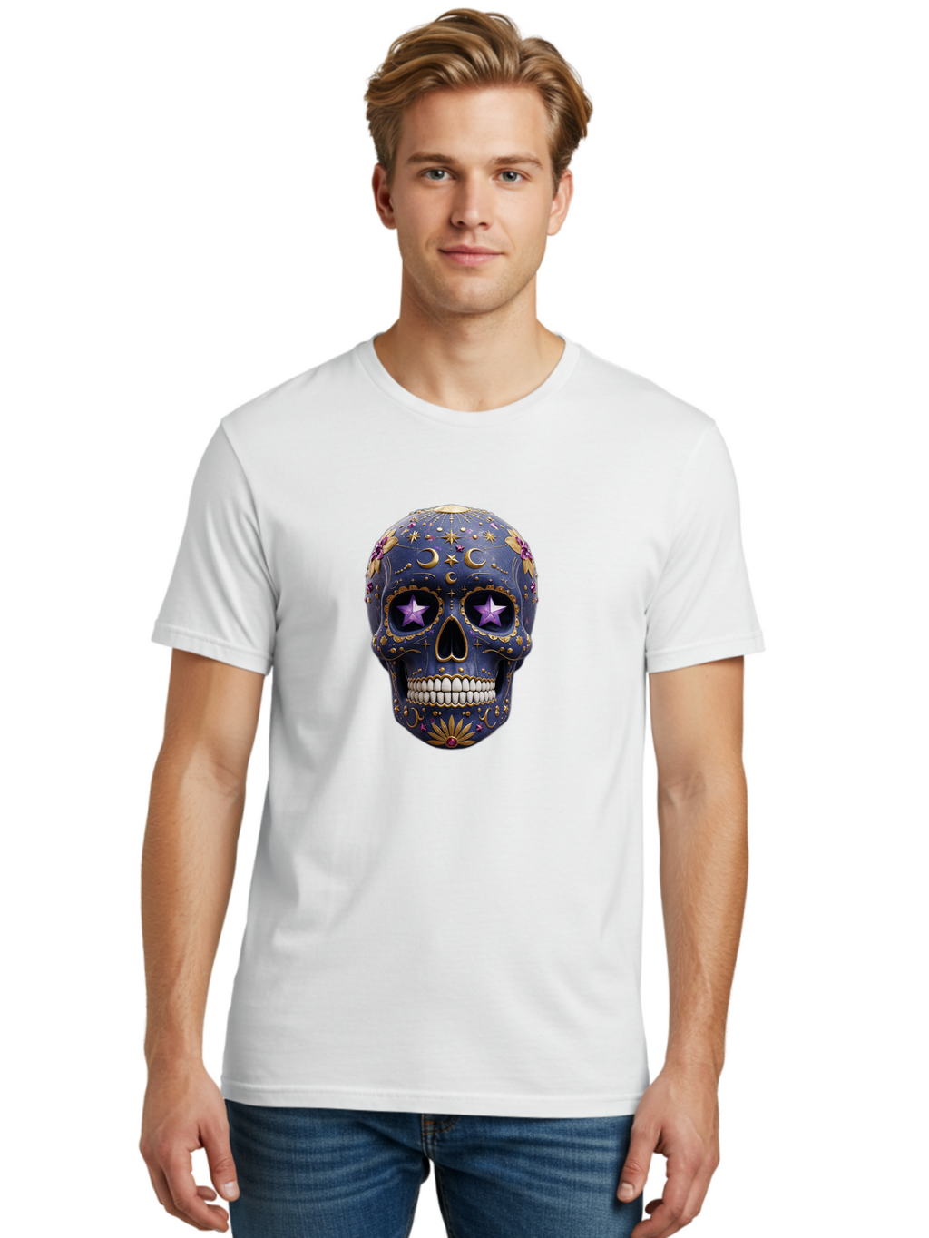 Sugar-Skull-19 Men'S Graphic Tee, 100% Cotton, Comfortable Casual Summer Wear, Machine Washable, Sugar Skull, Day Of The Dead, Decorative Skull, Mystical Symbols, Stars, Moon, Celestial Design, Vibrant Colors, Gold Accents, Purple Stars, Bad768
