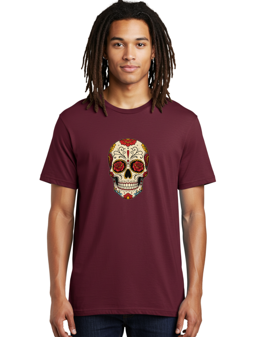 Sugar-Skull-2 Men'S Graphic Tee, 100% Cotton, Comfortable Casual Summer Wear, Machine Washable, Sugar Skull, Day Of The Dead, Floral Design, Red Roses, Skull Art, Vibrant Colors, Mexican Culture, Decorative Skull, Intricate Patterns, Bad769