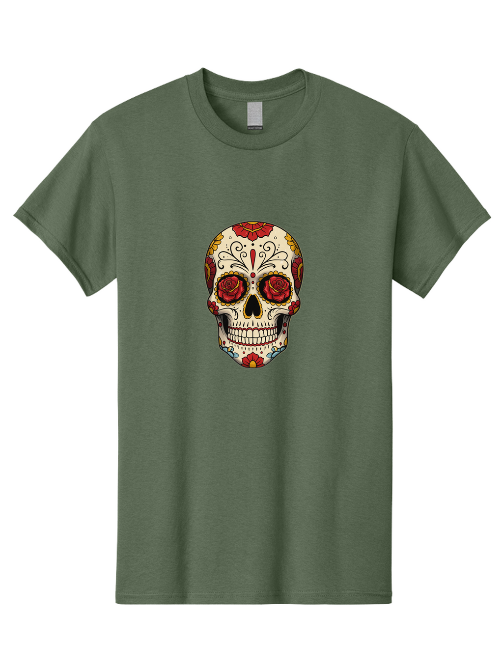Sugar-Skull-2 Men'S Graphic Tee, 100% Cotton, Comfortable Casual Summer Wear, Machine Washable, Sugar Skull, Day Of The Dead, Floral Design, Red Roses, Skull Art, Vibrant Colors, Mexican Culture, Decorative Skull, Intricate Patterns, Bad769