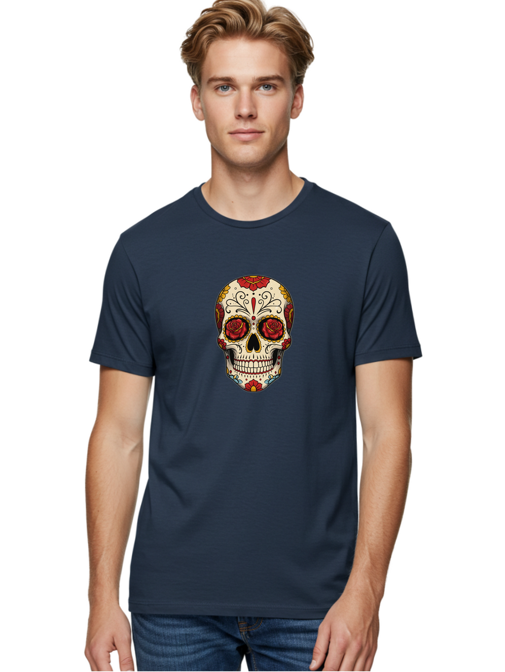 Sugar-Skull-2 Men'S Graphic Tee, 100% Cotton, Comfortable Casual Summer Wear, Machine Washable, Sugar Skull, Day Of The Dead, Floral Design, Red Roses, Skull Art, Vibrant Colors, Mexican Culture, Decorative Skull, Intricate Patterns, Bad769