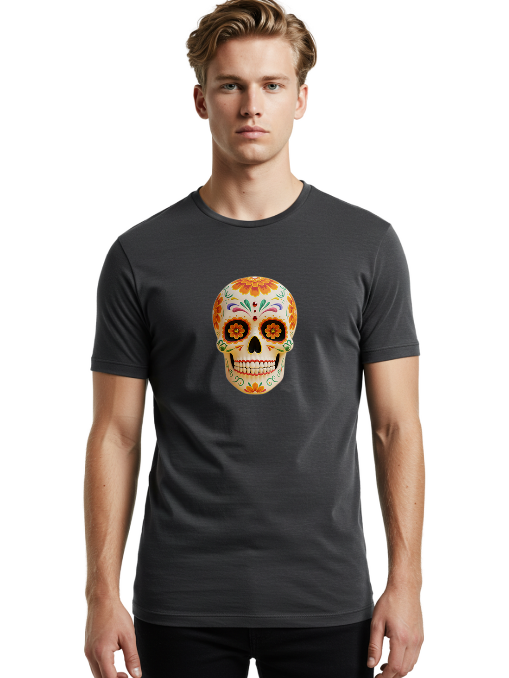 Sugar-Skull-20 Men'S Graphic Tee, 100% Cotton, Comfortable Casual Summer Wear, Machine Washable, Sugar Skull, Day Of The Dead, Dia De Los Muertos, Colorful Skull, Floral Decorations, Vibrant Colors, Mexican Art, Festive, Celebratory, Bad770