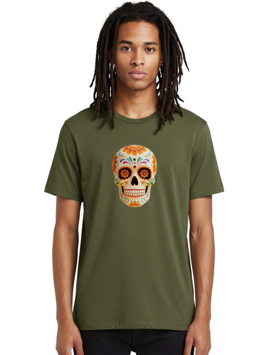 Sugar-Skull-20 Men'S Graphic Tee, 100% Cotton, Comfortable Casual Summer Wear, Machine Washable, Sugar Skull, Day Of The Dead, Dia De Los Muertos, Colorful Skull, Floral Decorations, Vibrant Colors, Mexican Art, Festive, Celebratory, Bad770