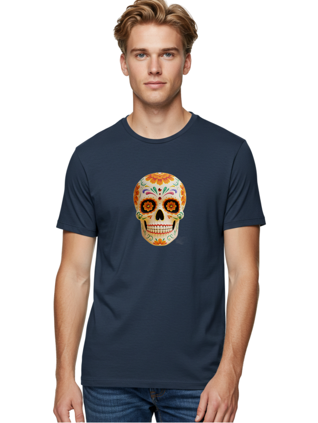 Sugar-Skull-20 Men'S Graphic Tee, 100% Cotton, Comfortable Casual Summer Wear, Machine Washable, Sugar Skull, Day Of The Dead, Dia De Los Muertos, Colorful Skull, Floral Decorations, Vibrant Colors, Mexican Art, Festive, Celebratory, Bad770