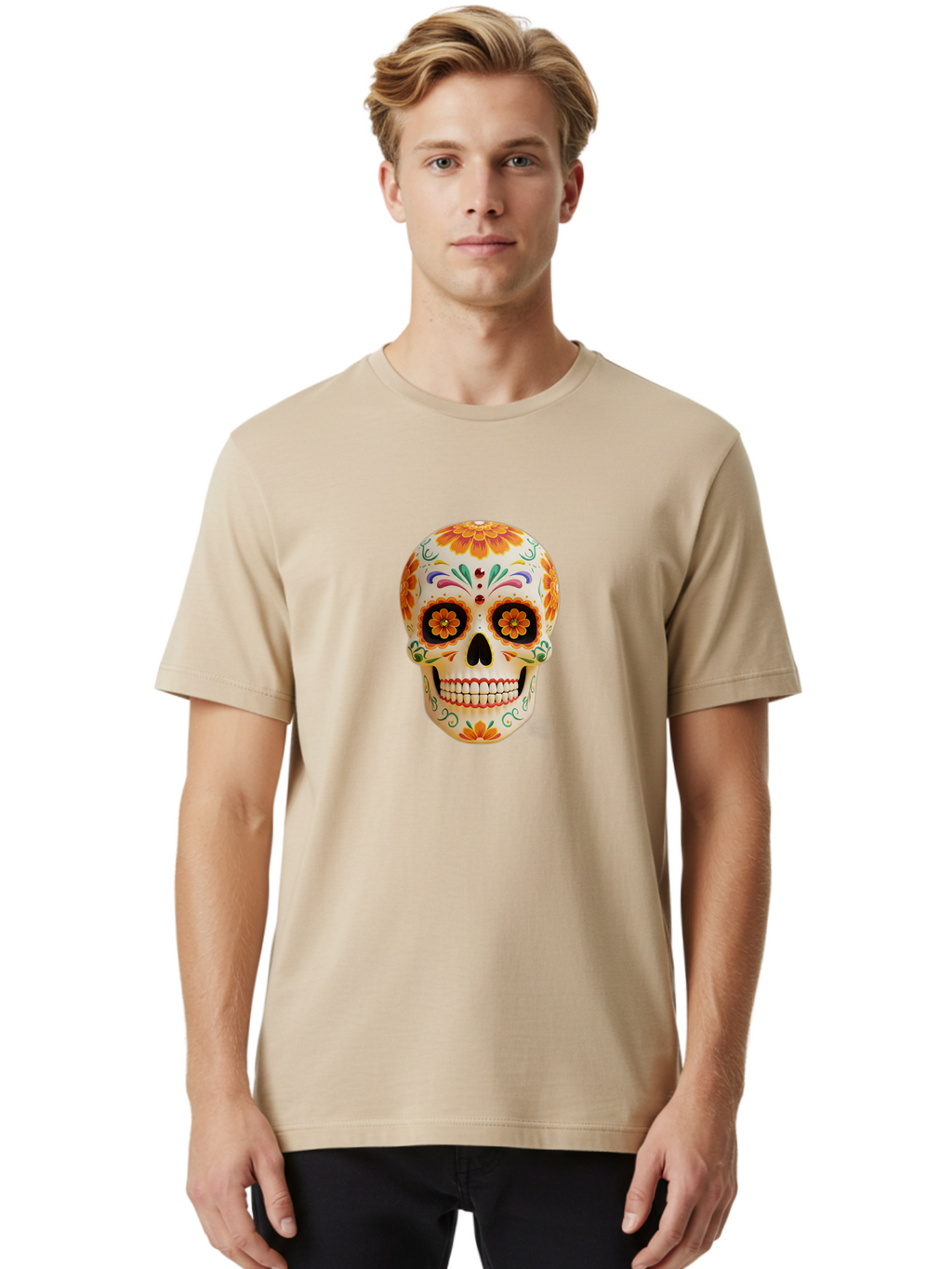 Sugar-Skull-20 Men'S Graphic Tee, 100% Cotton, Comfortable Casual Summer Wear, Machine Washable, Sugar Skull, Day Of The Dead, Dia De Los Muertos, Colorful Skull, Floral Decorations, Vibrant Colors, Mexican Art, Festive, Celebratory, Bad770
