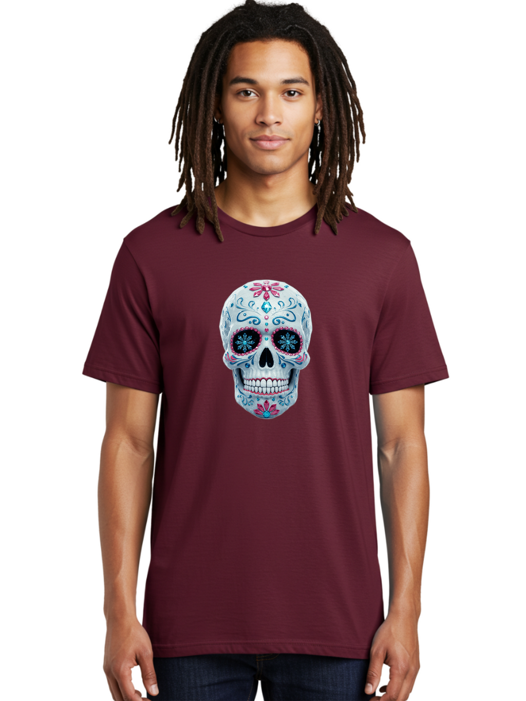 Sugar-Skull-21 Men'S Graphic Tee, 100% Cotton, Comfortable Casual Summer Wear, Machine Washable, Sugar Skull, Day Of The Dead, Decorative Skull, Floral Designs, Blue And Pink Patterns, Intricate Details, Festive Vibe, Cultural Heritage, Bad771