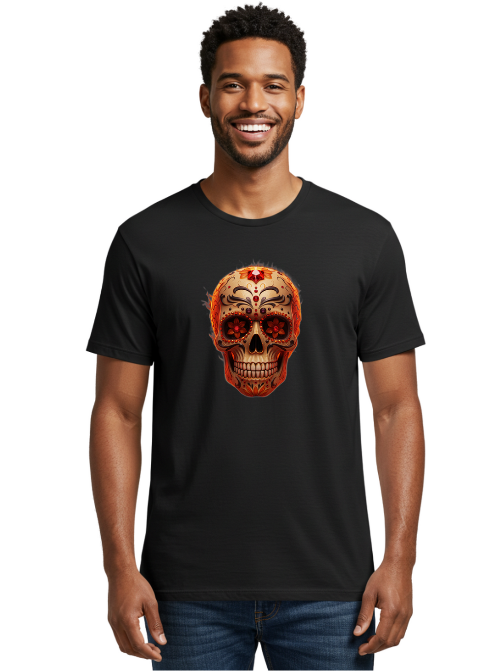 Sugar-Skull-22 Men'S Graphic Tee, 100% Cotton, Comfortable Casual Summer Wear, Machine Washable, Sugar Skull, Day Of The Dead, Mexican Culture, Decorated Skull, Floral Designs, Red Jewels, Festive, Traditional Art, Vibrant, Ornate Bad772