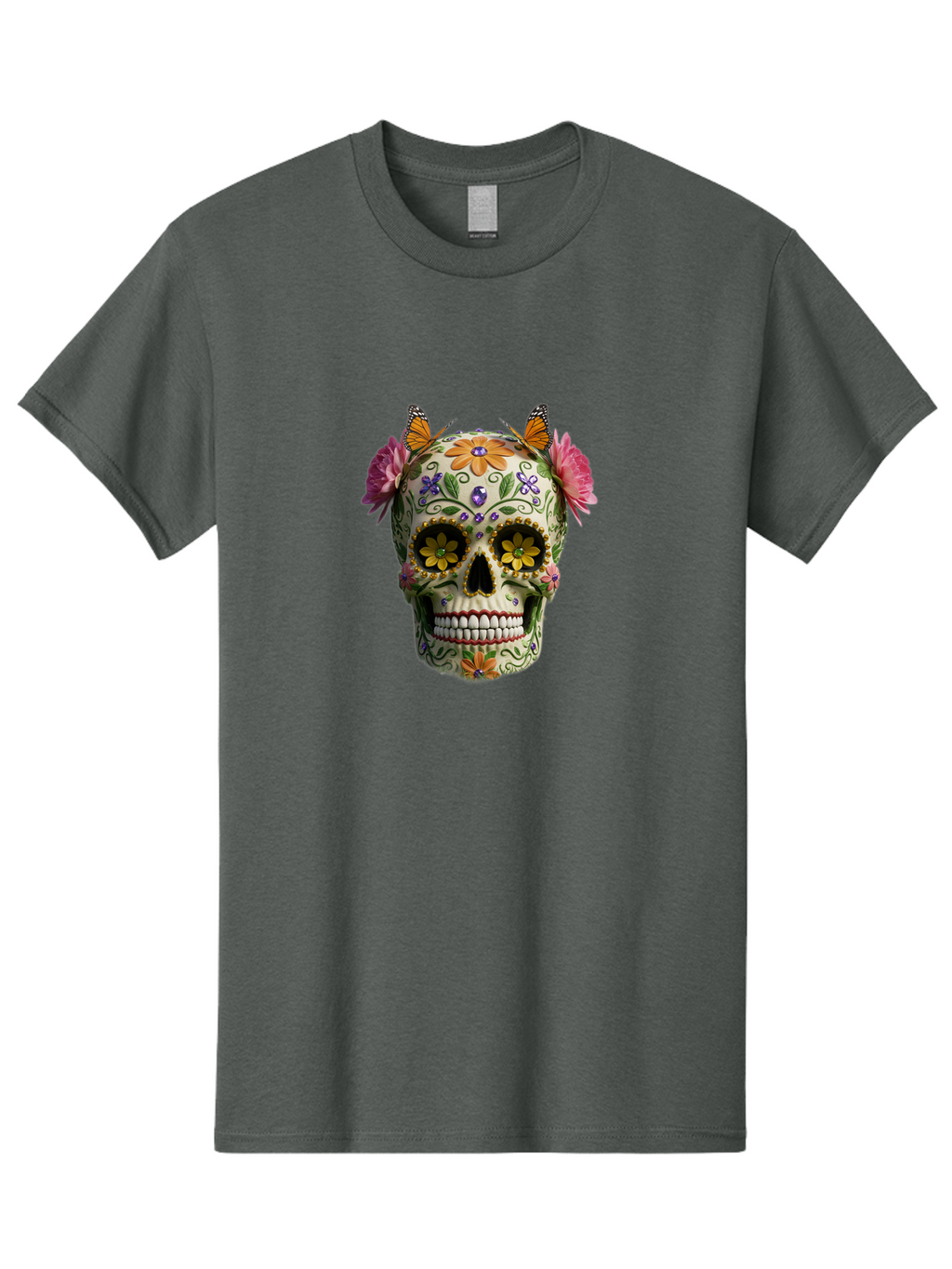 Sugar-Skull-23 Men'S Graphic Tee, 100% Cotton, Comfortable Casual Summer Wear, Machine Washable, Sugar Skull, Floral Designs, Vibrant Colors, Butterfly Decorations, Day Of The Dead, Mexican Culture, Festive Atmosphere, Colorful Flowers, Bad773