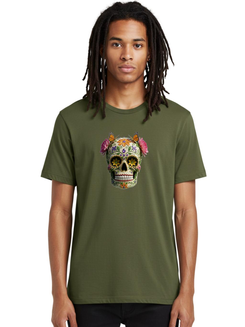 Sugar-Skull-23 Men'S Graphic Tee, 100% Cotton, Comfortable Casual Summer Wear, Machine Washable, Sugar Skull, Floral Designs, Vibrant Colors, Butterfly Decorations, Day Of The Dead, Mexican Culture, Festive Atmosphere, Colorful Flowers, Bad773