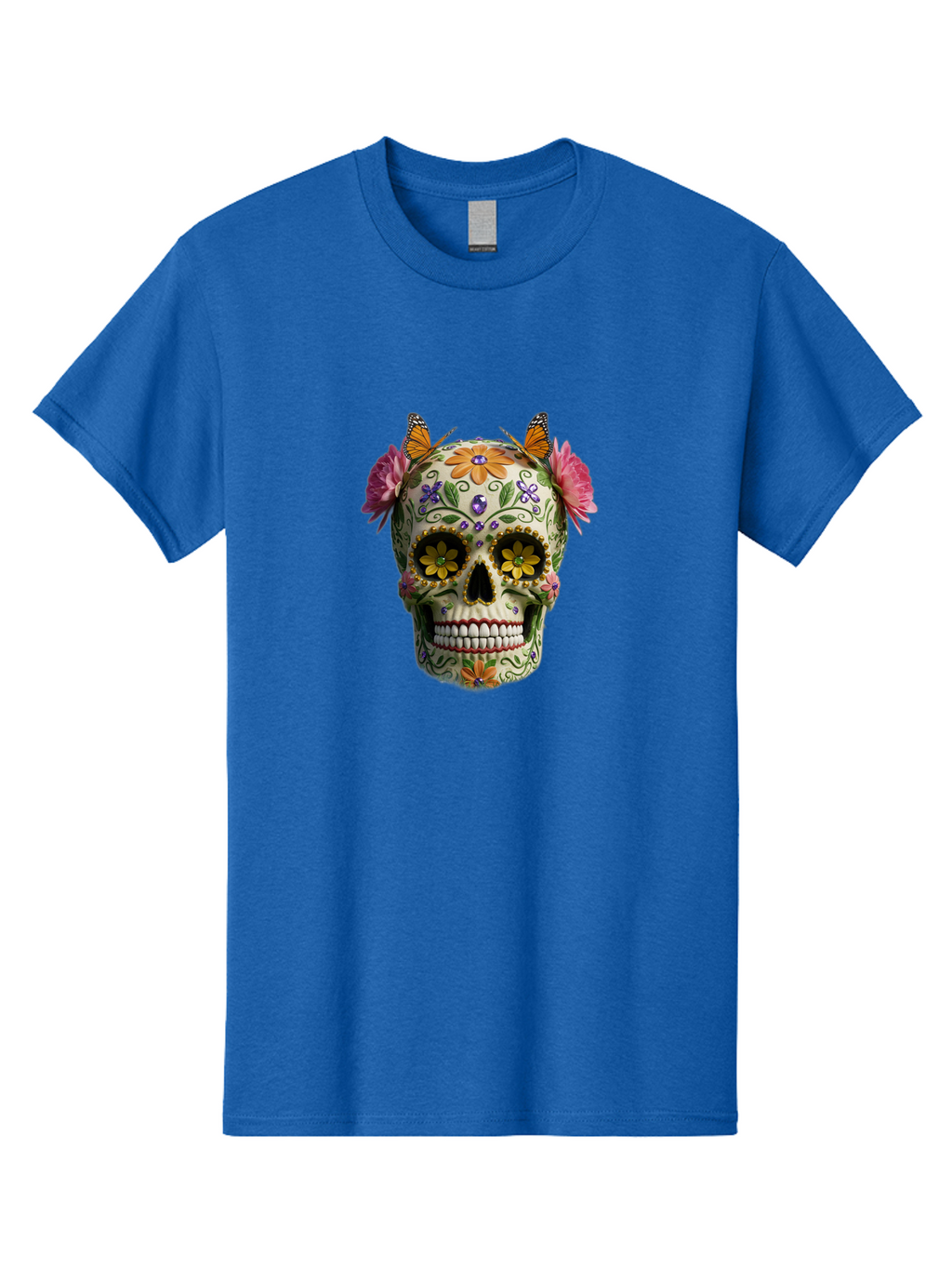 Sugar-Skull-23 Men'S Graphic Tee, 100% Cotton, Comfortable Casual Summer Wear, Machine Washable, Sugar Skull, Floral Designs, Vibrant Colors, Butterfly Decorations, Day Of The Dead, Mexican Culture, Festive Atmosphere, Colorful Flowers, Bad773