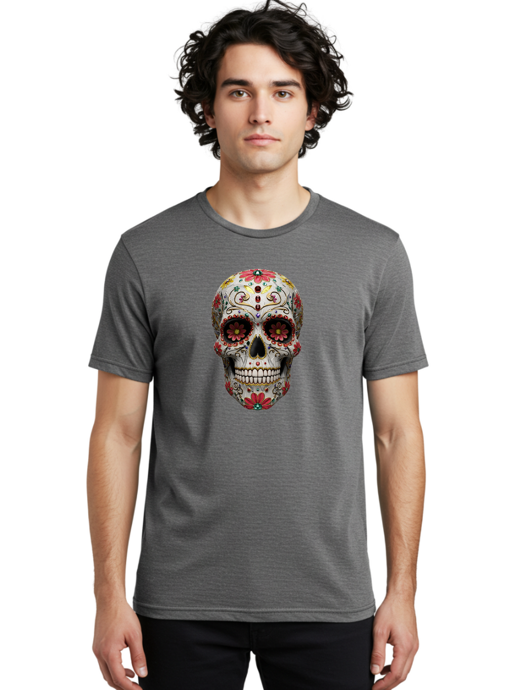 Sugar-Skull-24 Men'S Graphic Tee, 100% Cotton, Comfortable Casual Summer Wear, Machine Washable, Sugar Skull, Decorative Skull, Floral Designs, Red Flowers, Gold Accents, Day Of The Dead, Mexican Culture, Vibrant Colors, Intricate Details, Bad774