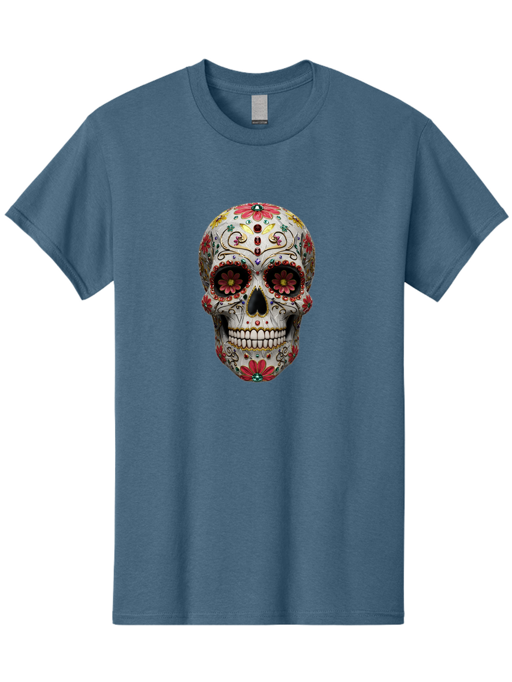 Sugar-Skull-24 Men'S Graphic Tee, 100% Cotton, Comfortable Casual Summer Wear, Machine Washable, Sugar Skull, Decorative Skull, Floral Designs, Red Flowers, Gold Accents, Day Of The Dead, Mexican Culture, Vibrant Colors, Intricate Details, Bad774