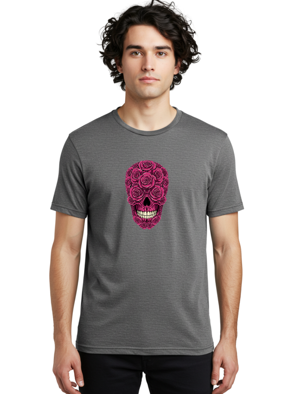 Sugar-Skull-3 Men'S Graphic Tee, 100% Cotton, Comfortable Casual Summer Wear, Machine Washable, Sugar Skull, Floral Skull, Roses, White Teeth, Vibrant Pink, Gothic Art, Day Of The Dead, Floral Design Bad775