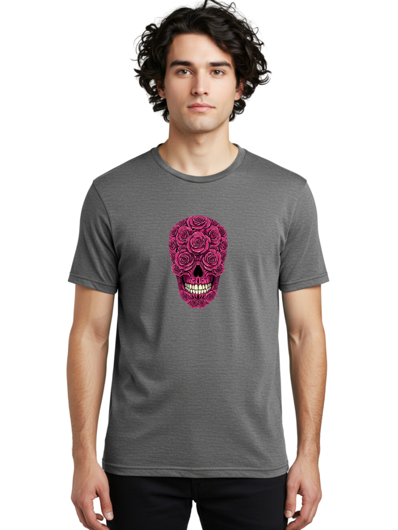 Sugar-Skull-3 Men'S Graphic Tee, 100% Cotton, Comfortable Casual Summer Wear, Machine Washable, Sugar Skull, Floral Skull, Roses, White Teeth, Vibrant Pink, Gothic Art, Day Of The Dead, Floral Design Bad775