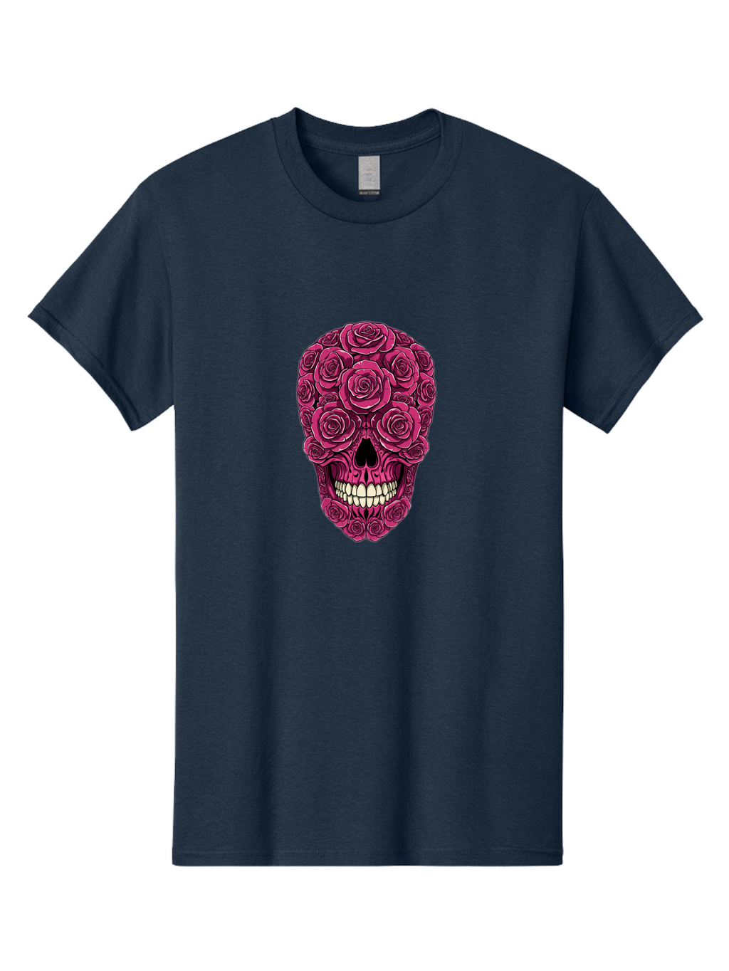 Sugar-Skull-3 Men'S Graphic Tee, 100% Cotton, Comfortable Casual Summer Wear, Machine Washable, Sugar Skull, Floral Skull, Roses, White Teeth, Vibrant Pink, Gothic Art, Day Of The Dead, Floral Design Bad775