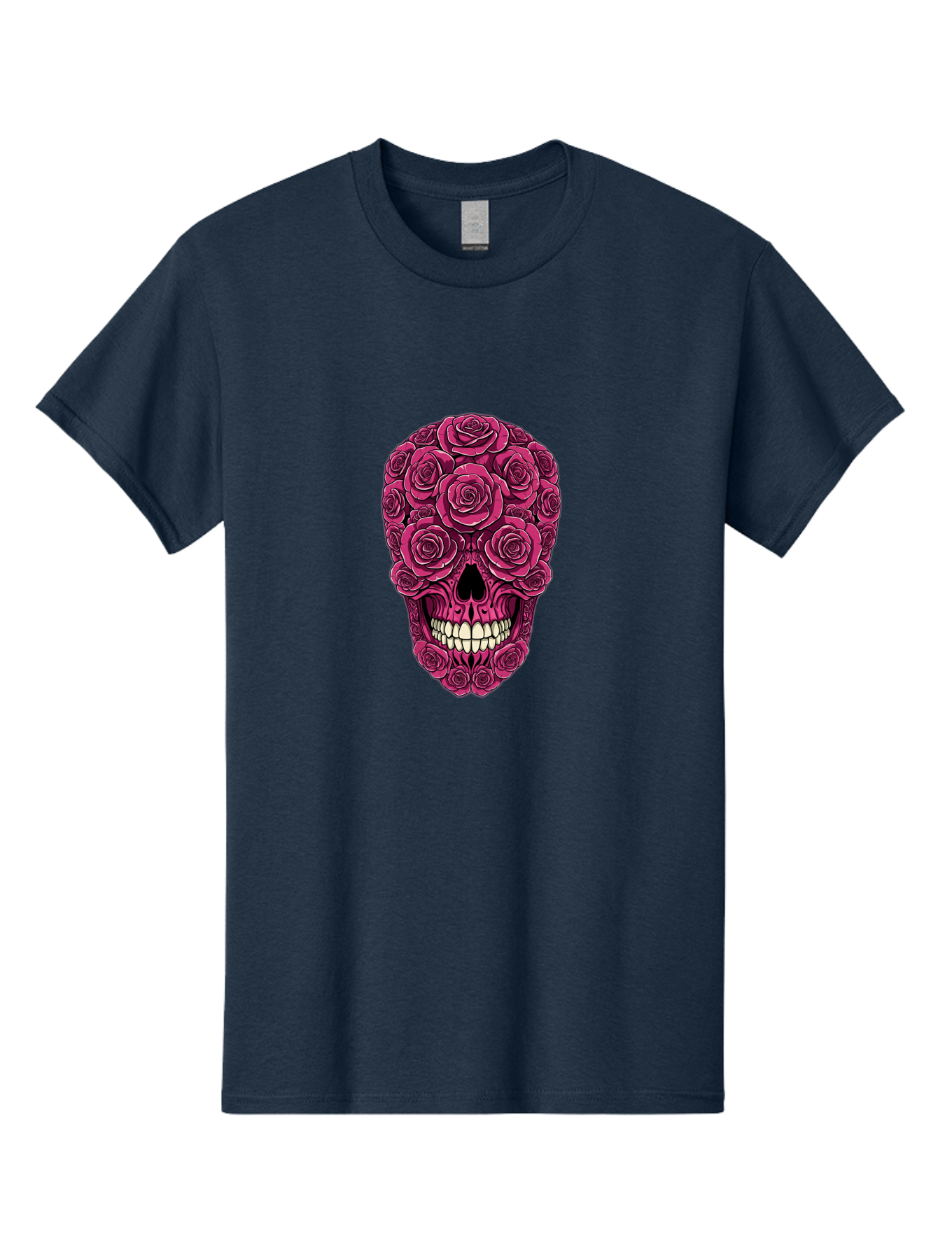 Sugar-Skull-3 Men'S Graphic Tee, 100% Cotton, Comfortable Casual Summer Wear, Machine Washable, Sugar Skull, Floral Skull, Roses, White Teeth, Vibrant Pink, Gothic Art, Day Of The Dead, Floral Design Bad775