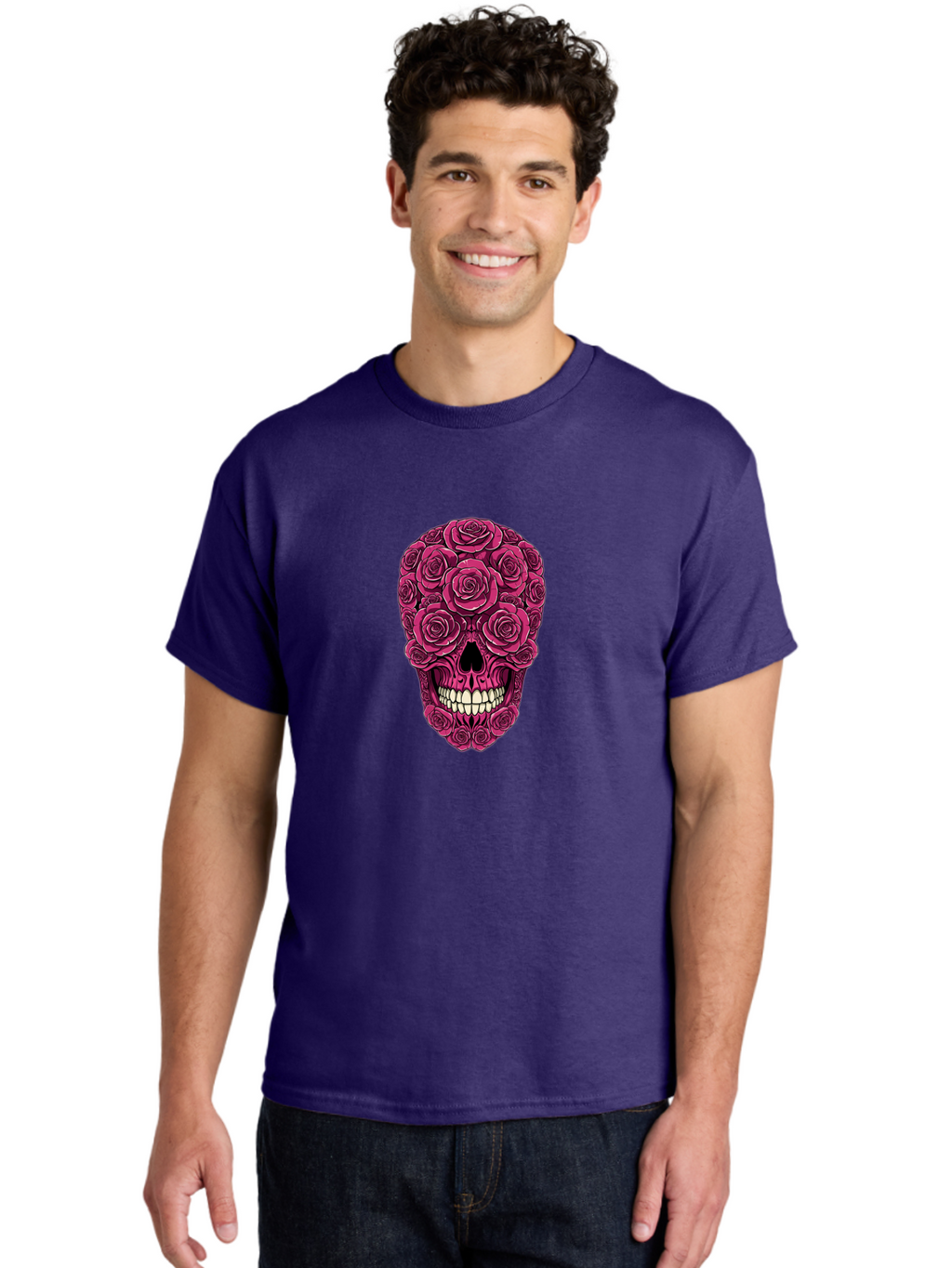 Sugar-Skull-3 Men'S Graphic Tee, 100% Cotton, Comfortable Casual Summer Wear, Machine Washable, Sugar Skull, Floral Skull, Roses, White Teeth, Vibrant Pink, Gothic Art, Day Of The Dead, Floral Design Bad775