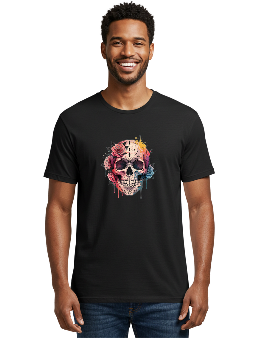 Sugar-Skull-4 Men'S Graphic Tee, 100% Cotton, Comfortable Casual Summer Wear, Machine Washable, Sugar Skull, Day Of The Dead, Floral Skull, Vibrant Colors, Intricate Designs, Abstract Art, Grunge Style, Street Art, Tattoo Art, Mexican Culture, Bad776