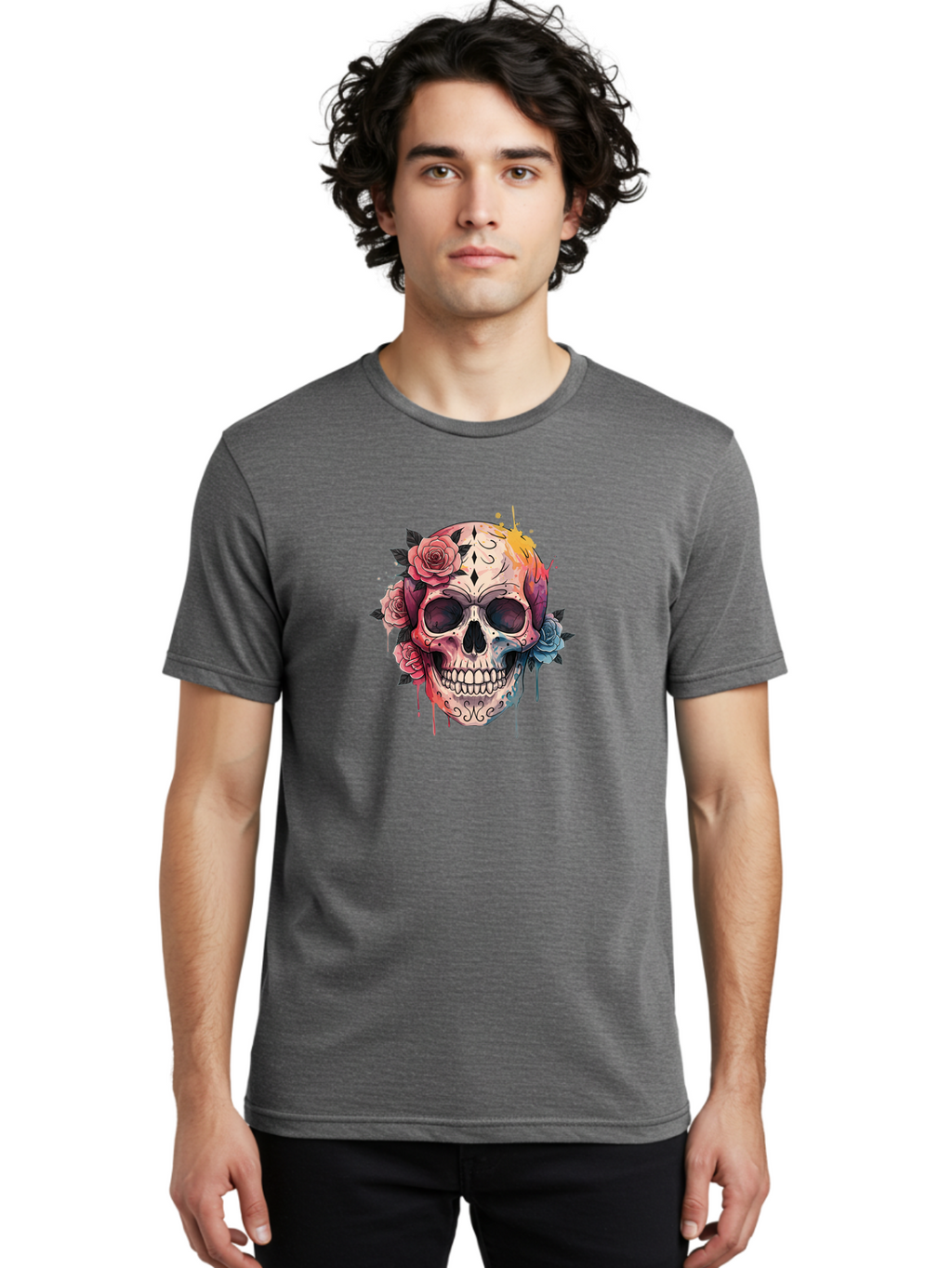 Sugar-Skull-4 Men'S Graphic Tee, 100% Cotton, Comfortable Casual Summer Wear, Machine Washable, Sugar Skull, Day Of The Dead, Floral Skull, Vibrant Colors, Intricate Designs, Abstract Art, Grunge Style, Street Art, Tattoo Art, Mexican Culture, Bad776