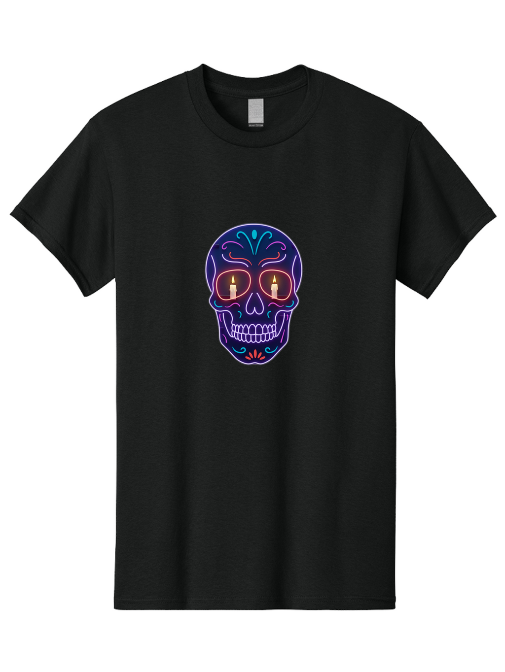 Sugar-Skull-5 Men'S Graphic Tee, 100% Cotton, Comfortable Casual Summer Wear, Machine Washable, Sugar Skull, Day Of The Dead, Neon Lights, Candles, Colorful Design, Vibrant Colors, Skull Decoration, Glowing Eyes Bad777