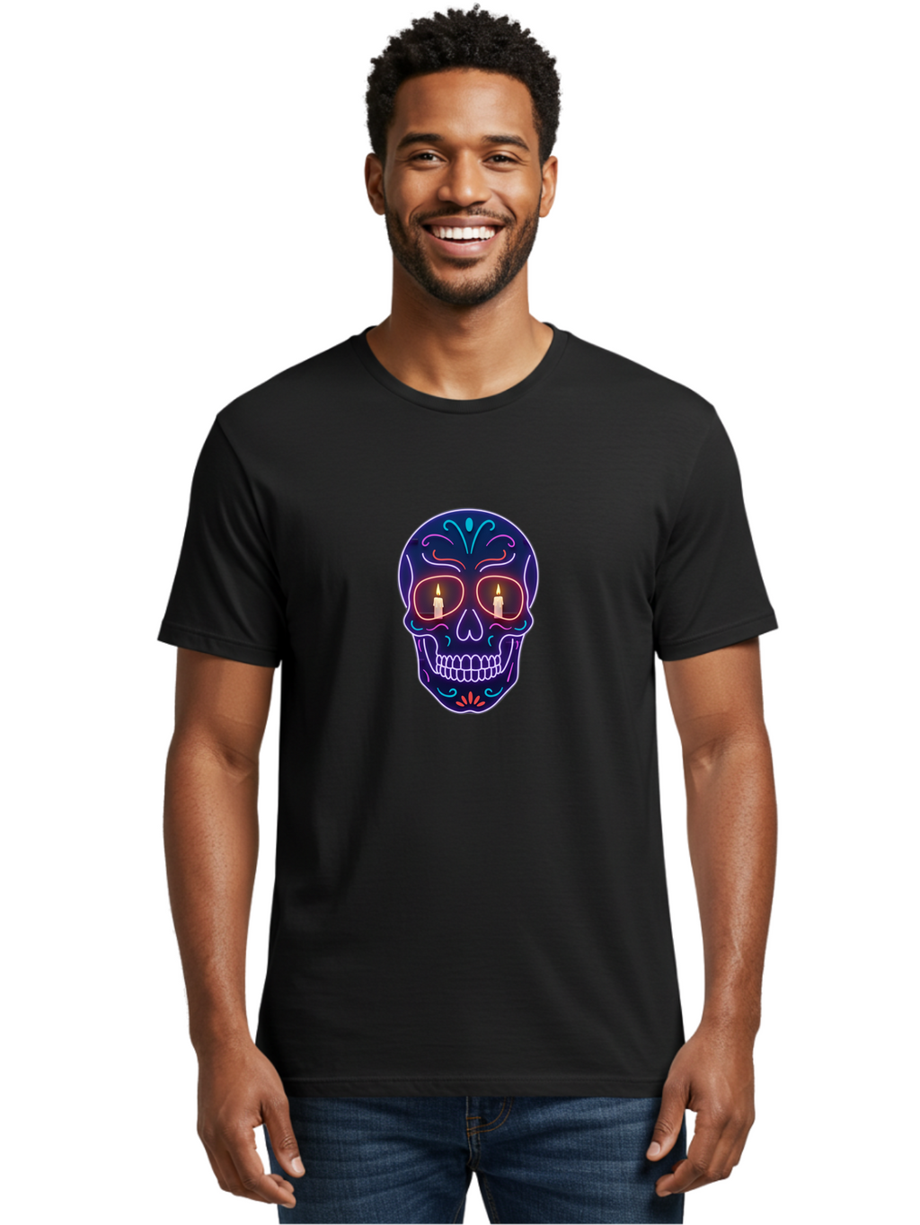 Sugar-Skull-5 Men'S Graphic Tee, 100% Cotton, Comfortable Casual Summer Wear, Machine Washable, Sugar Skull, Day Of The Dead, Neon Lights, Candles, Colorful Design, Vibrant Colors, Skull Decoration, Glowing Eyes Bad777
