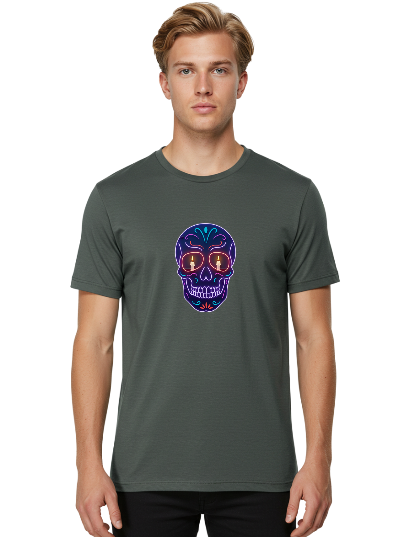 Sugar-Skull-5 Men'S Graphic Tee, 100% Cotton, Comfortable Casual Summer Wear, Machine Washable, Sugar Skull, Day Of The Dead, Neon Lights, Candles, Colorful Design, Vibrant Colors, Skull Decoration, Glowing Eyes Bad777
