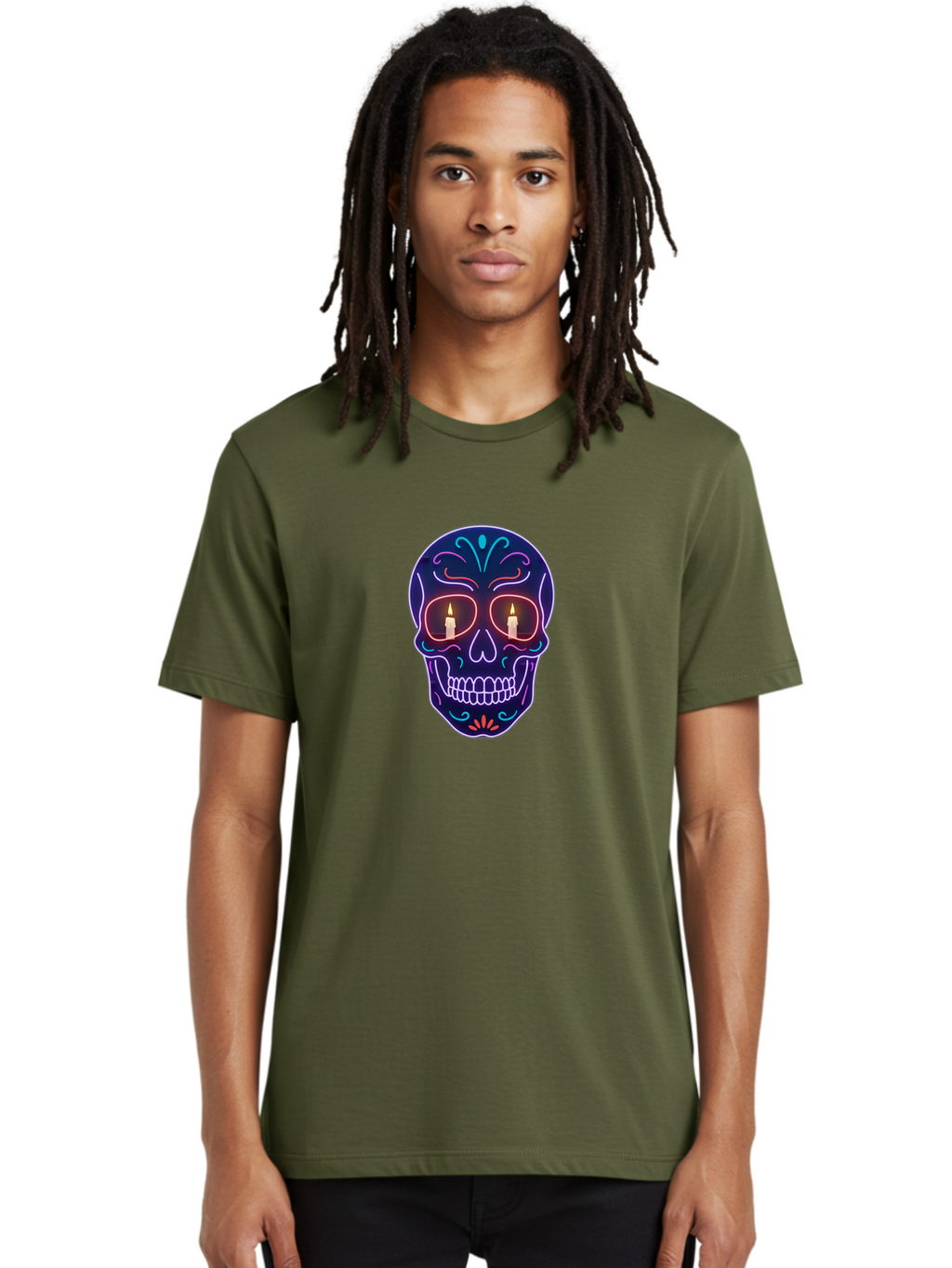 Sugar-Skull-5 Men'S Graphic Tee, 100% Cotton, Comfortable Casual Summer Wear, Machine Washable, Sugar Skull, Day Of The Dead, Neon Lights, Candles, Colorful Design, Vibrant Colors, Skull Decoration, Glowing Eyes Bad777