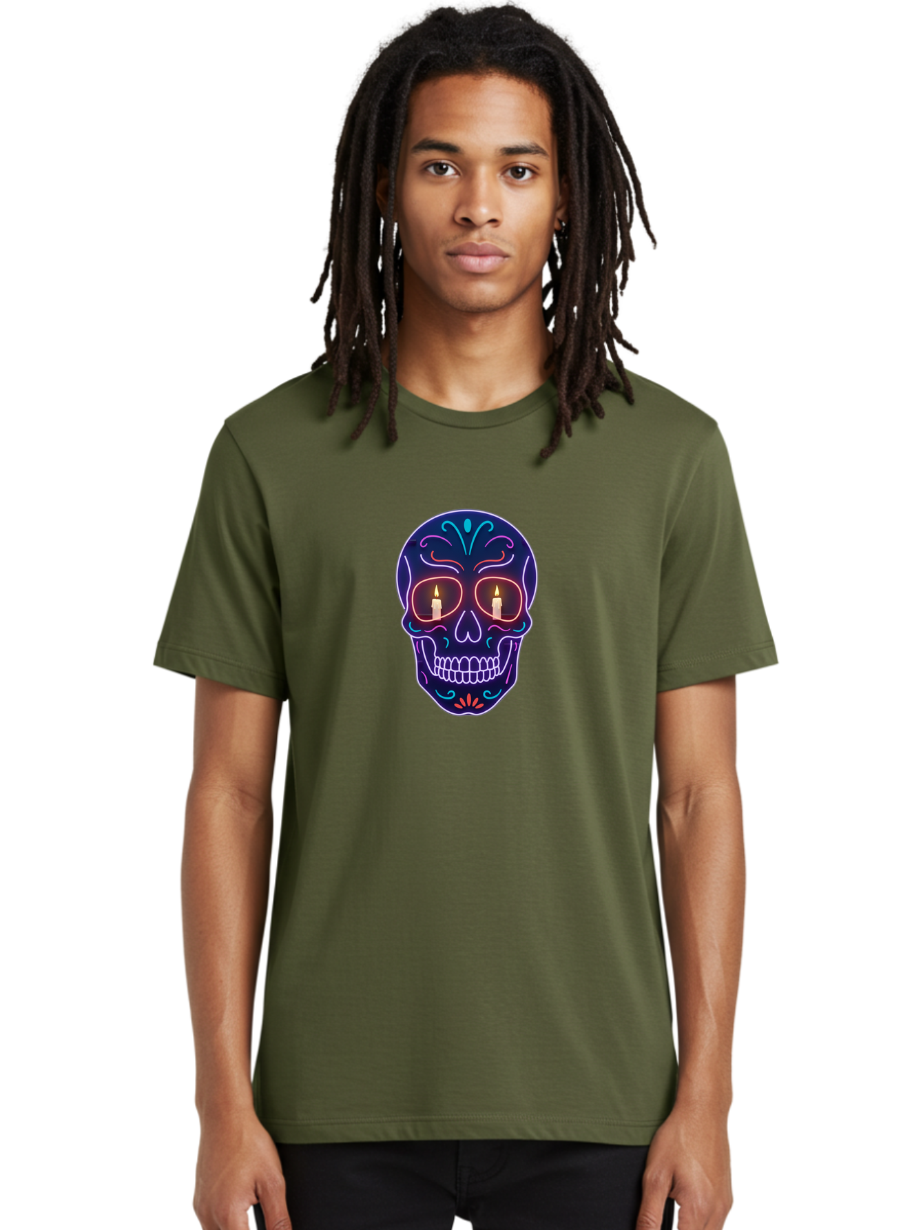 Sugar-Skull-5 Men'S Graphic Tee, 100% Cotton, Comfortable Casual Summer Wear, Machine Washable, Sugar Skull, Day Of The Dead, Neon Lights, Candles, Colorful Design, Vibrant Colors, Skull Decoration, Glowing Eyes Bad777