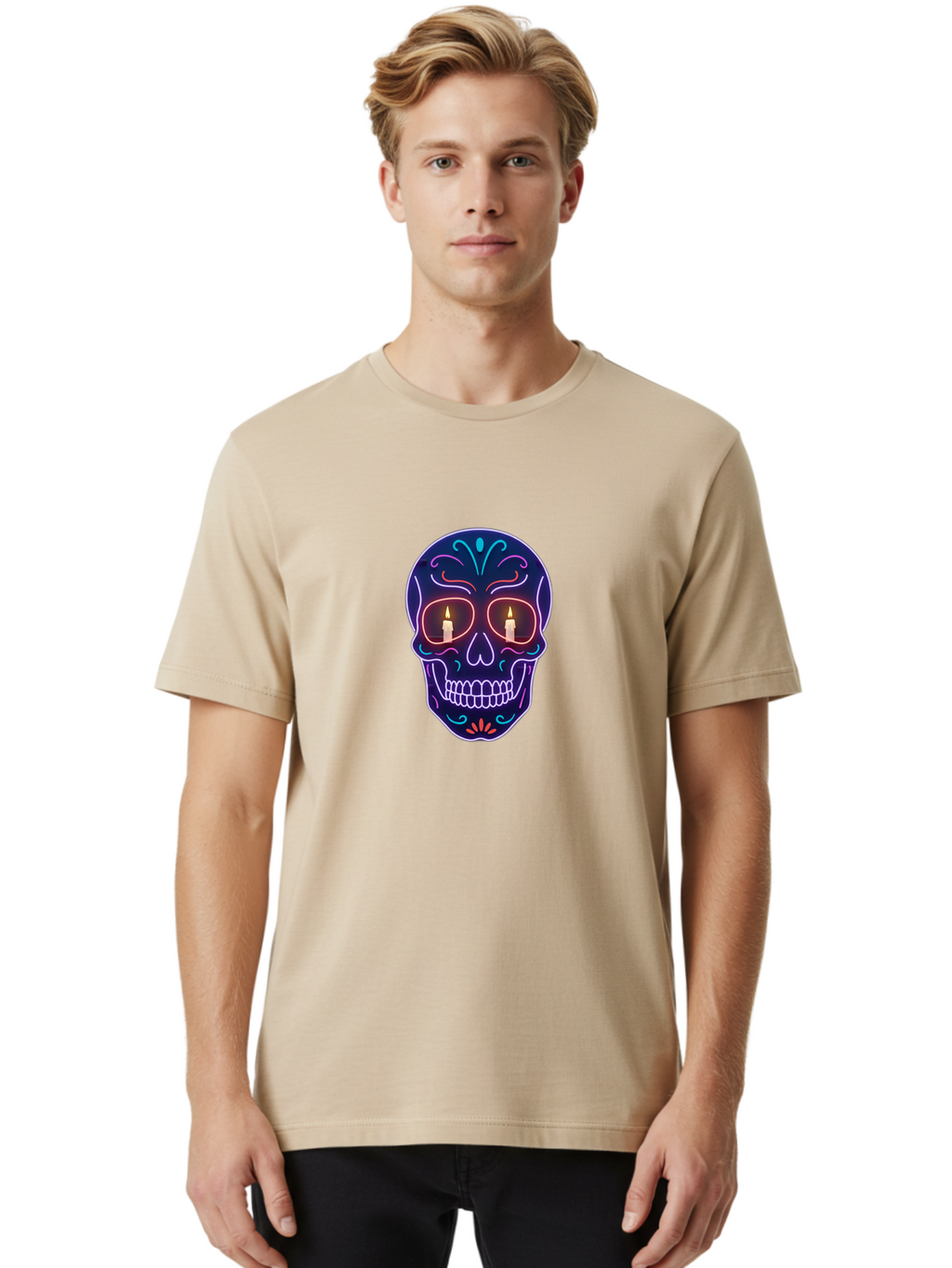 Sugar-Skull-5 Men'S Graphic Tee, 100% Cotton, Comfortable Casual Summer Wear, Machine Washable, Sugar Skull, Day Of The Dead, Neon Lights, Candles, Colorful Design, Vibrant Colors, Skull Decoration, Glowing Eyes Bad777