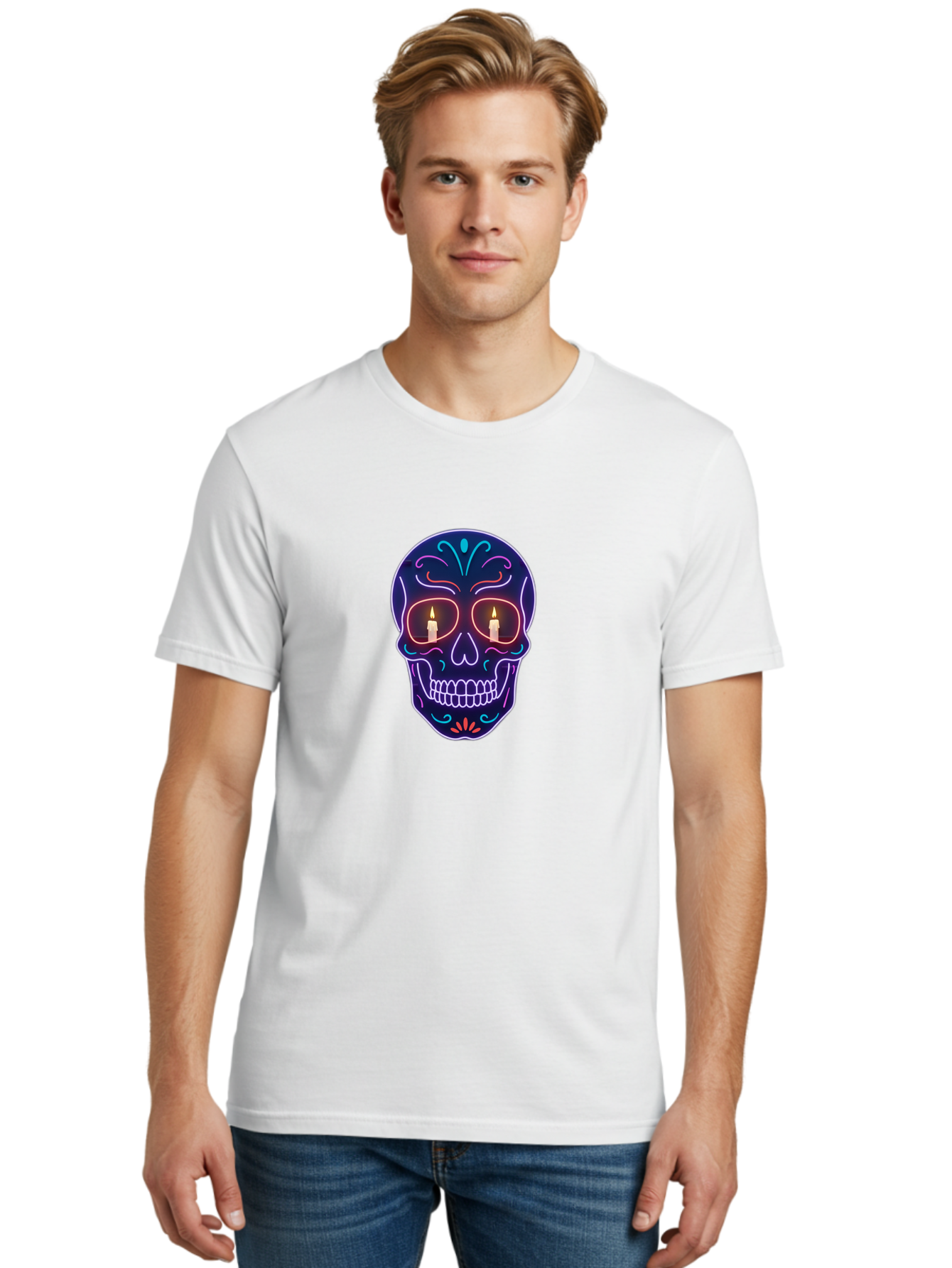 Sugar-Skull-5 Men'S Graphic Tee, 100% Cotton, Comfortable Casual Summer Wear, Machine Washable, Sugar Skull, Day Of The Dead, Neon Lights, Candles, Colorful Design, Vibrant Colors, Skull Decoration, Glowing Eyes Bad777