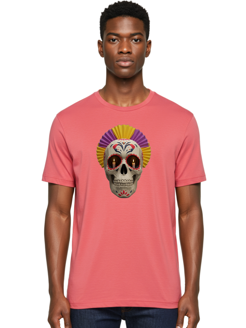 Sugar-Skull-6 Men'S Graphic Tee, 100% Cotton, Comfortable Casual Summer Wear, Machine Washable, Sugar Skull, Day Of The Dead, Mexican Culture, Lit Candles, Decorative Patterns, Vibrant Colors, Festive Decorations, Skull Art, Bad778