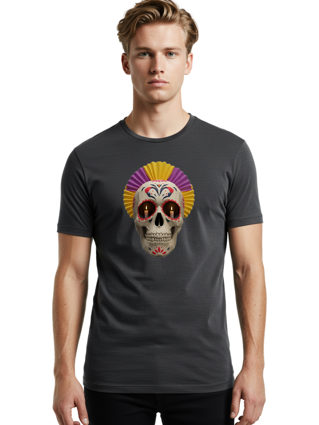 Sugar-Skull-6 Men'S Graphic Tee, 100% Cotton, Comfortable Casual Summer Wear, Machine Washable, Sugar Skull, Day Of The Dead, Mexican Culture, Lit Candles, Decorative Patterns, Vibrant Colors, Festive Decorations, Skull Art, Bad778