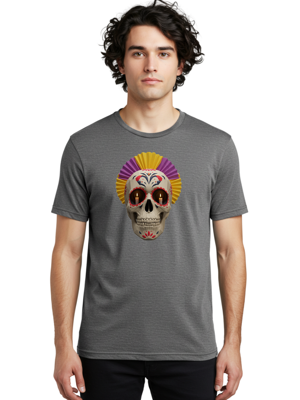 Sugar-Skull-6 Men'S Graphic Tee, 100% Cotton, Comfortable Casual Summer Wear, Machine Washable, Sugar Skull, Day Of The Dead, Mexican Culture, Lit Candles, Decorative Patterns, Vibrant Colors, Festive Decorations, Skull Art, Bad778