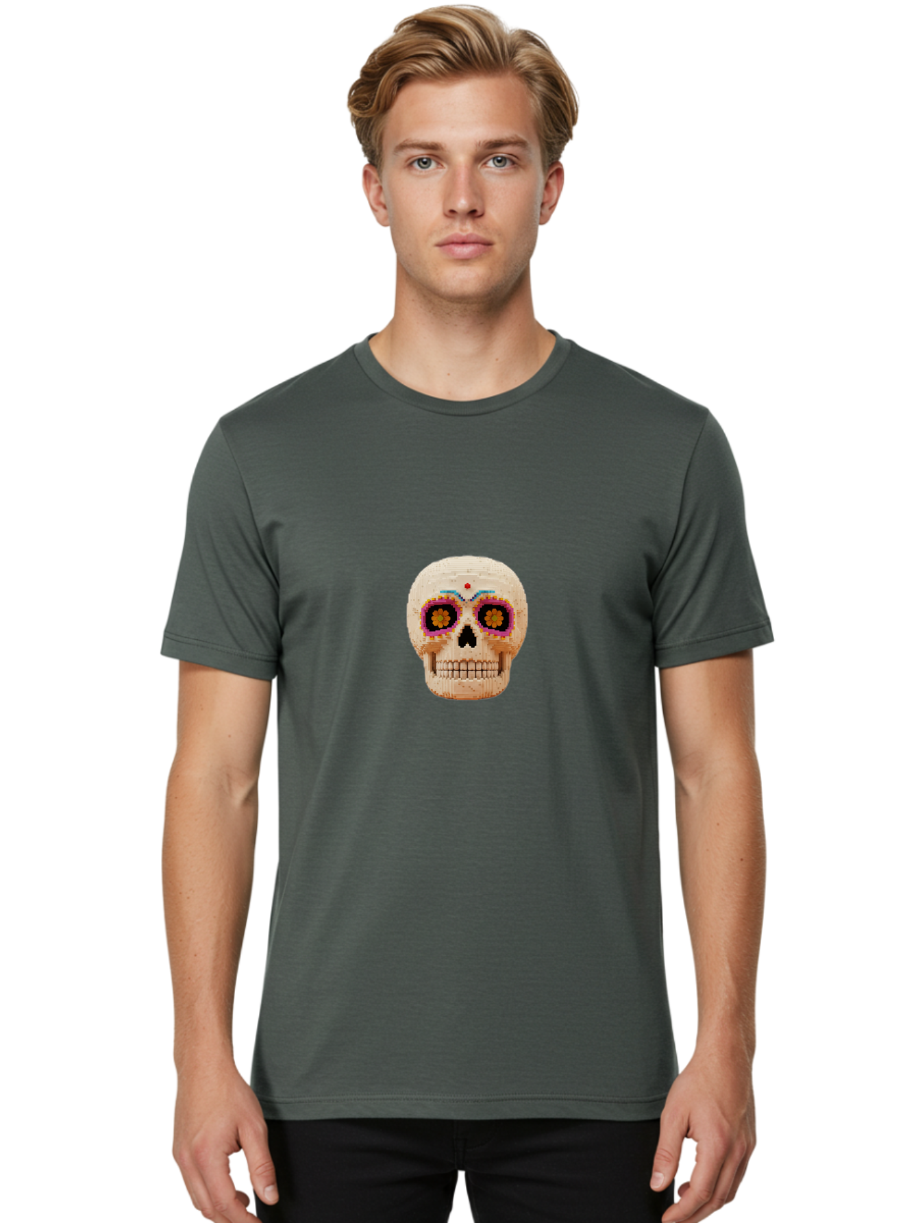 Sugar-Skull-7 Men'S Graphic Tee, 100% Cotton, Comfortable Casual Summer Wear, Machine Washable, Sugar Skull Decoration, Day Of The Dead, Colorful Skull, Mexican Culture, Festive Design, Vibrant Colors, Floral Patterns, Traditional Art Bad779