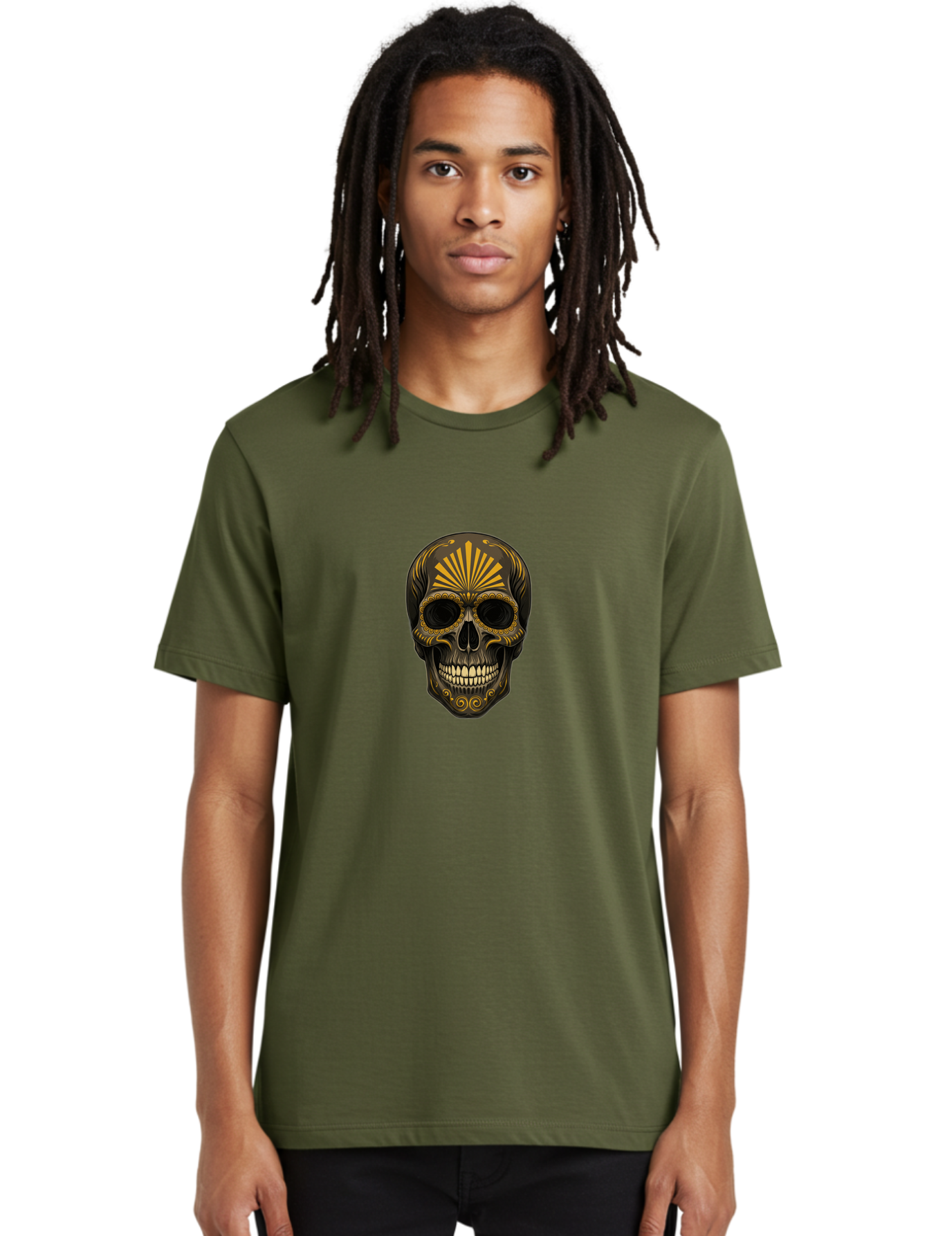 Sugar-Skull-9 Men'S Graphic Tee, 100% Cotton, Comfortable Casual Summer Wear, Machine Washable, Sugar Skull, Ornate Design, Golden Accents, Day Of The Dead, Mexican Culture, Vibrant Patterns, Decorative Art, Symbolic Imagery, Intricate Details Bad781
