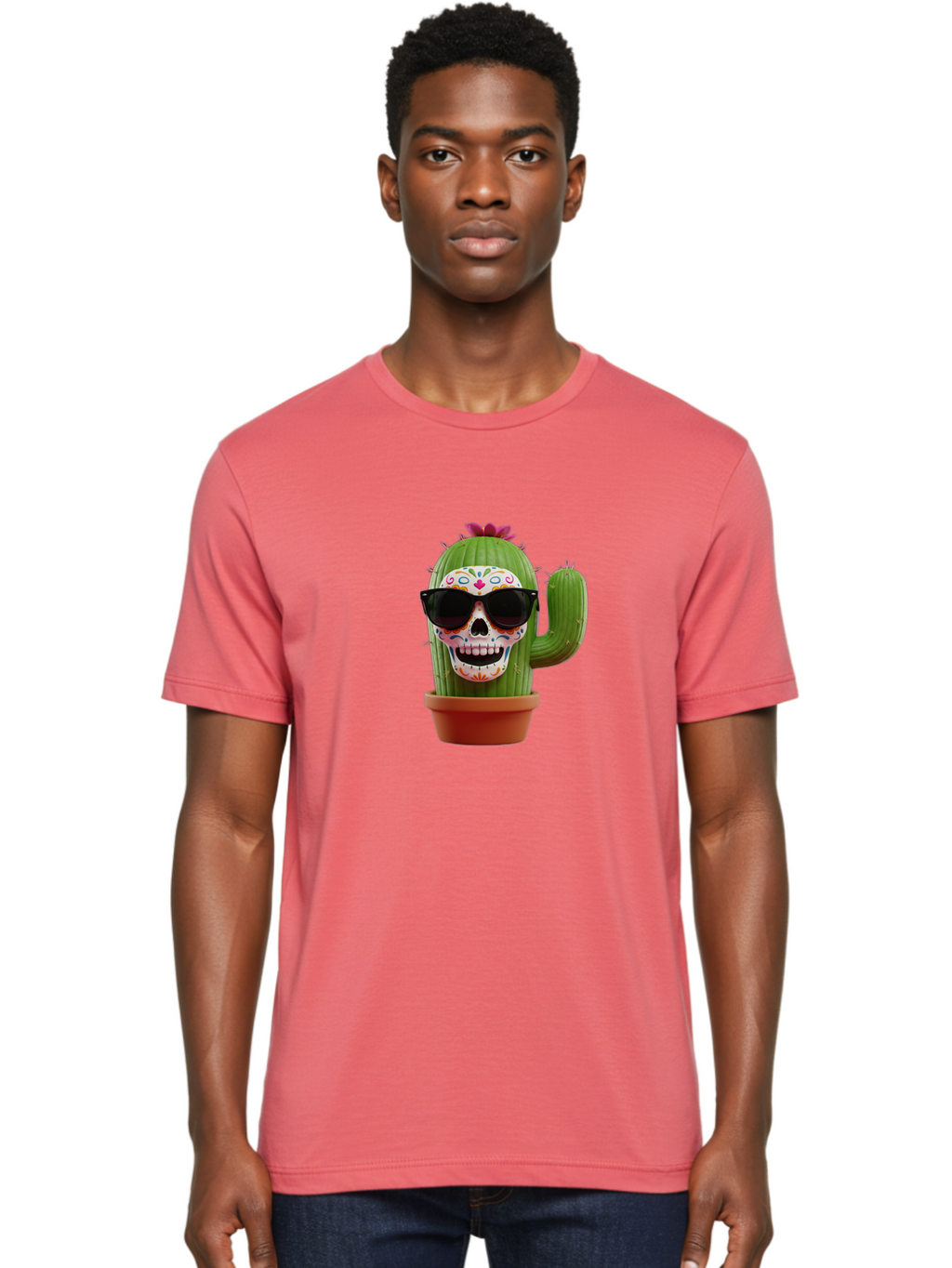 Sugar-Skull-Cactus Men'S Graphic Tee, 100% Cotton, Comfortable Casual Summer Wear, Machine Washable, Sugar Skull Cactus, Day Of The Dead, Colorful Design, Sunglasses, Prickly Pear, Potted Plant, Vibrant Colors, Festive Spirit Bad782
