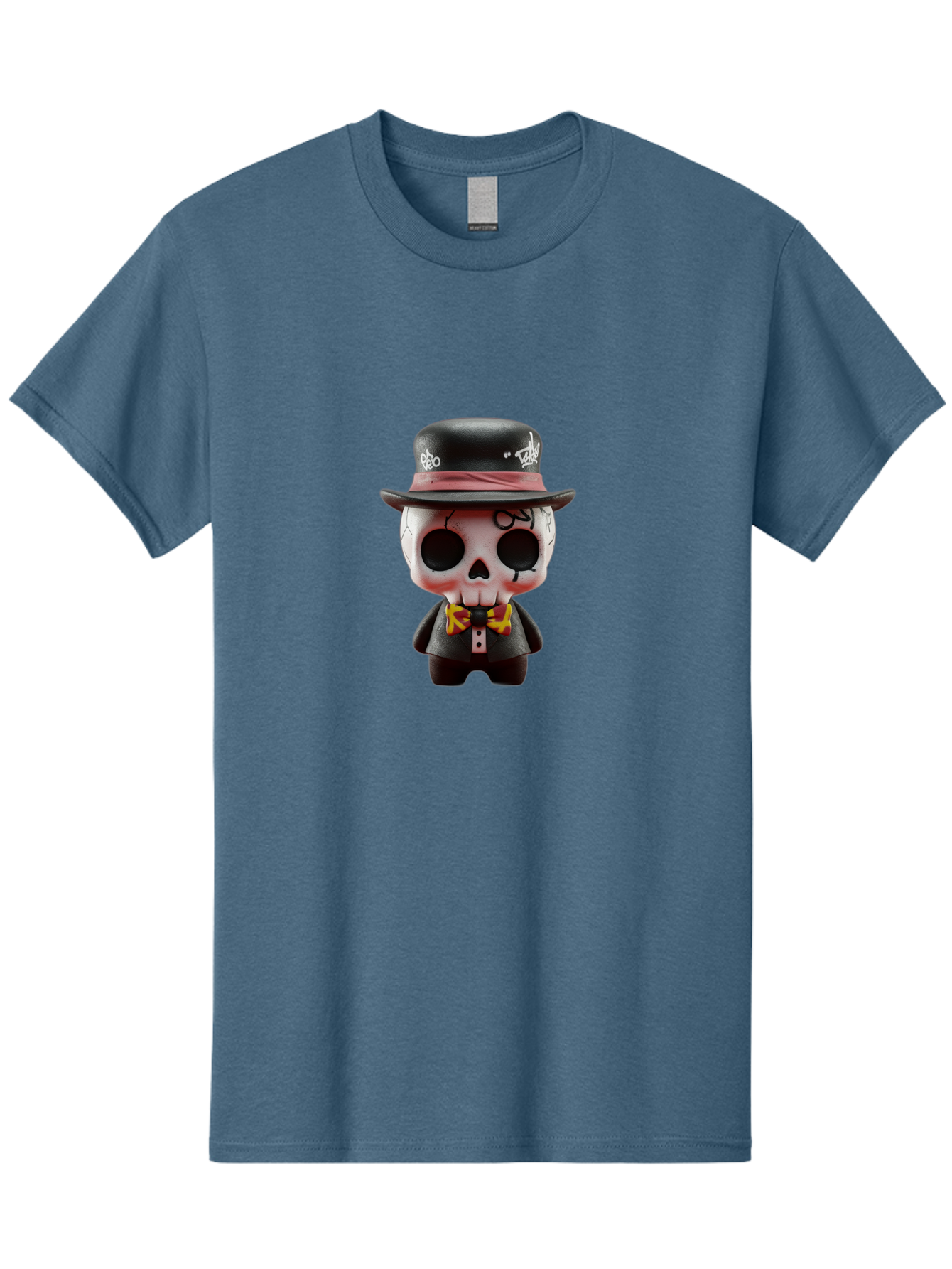 Sugar-Skull-Figurine Men'S Graphic Tee, 100% Cotton, Comfortable Casual Summer Wear, Machine Washable, Skull Figurine, Vintage Hat, Black Suit, Yellow Bow Tie, Red Flames, Day Of The Dead, Gothic Style, Unique Collectible, Creepy Character, Bad783