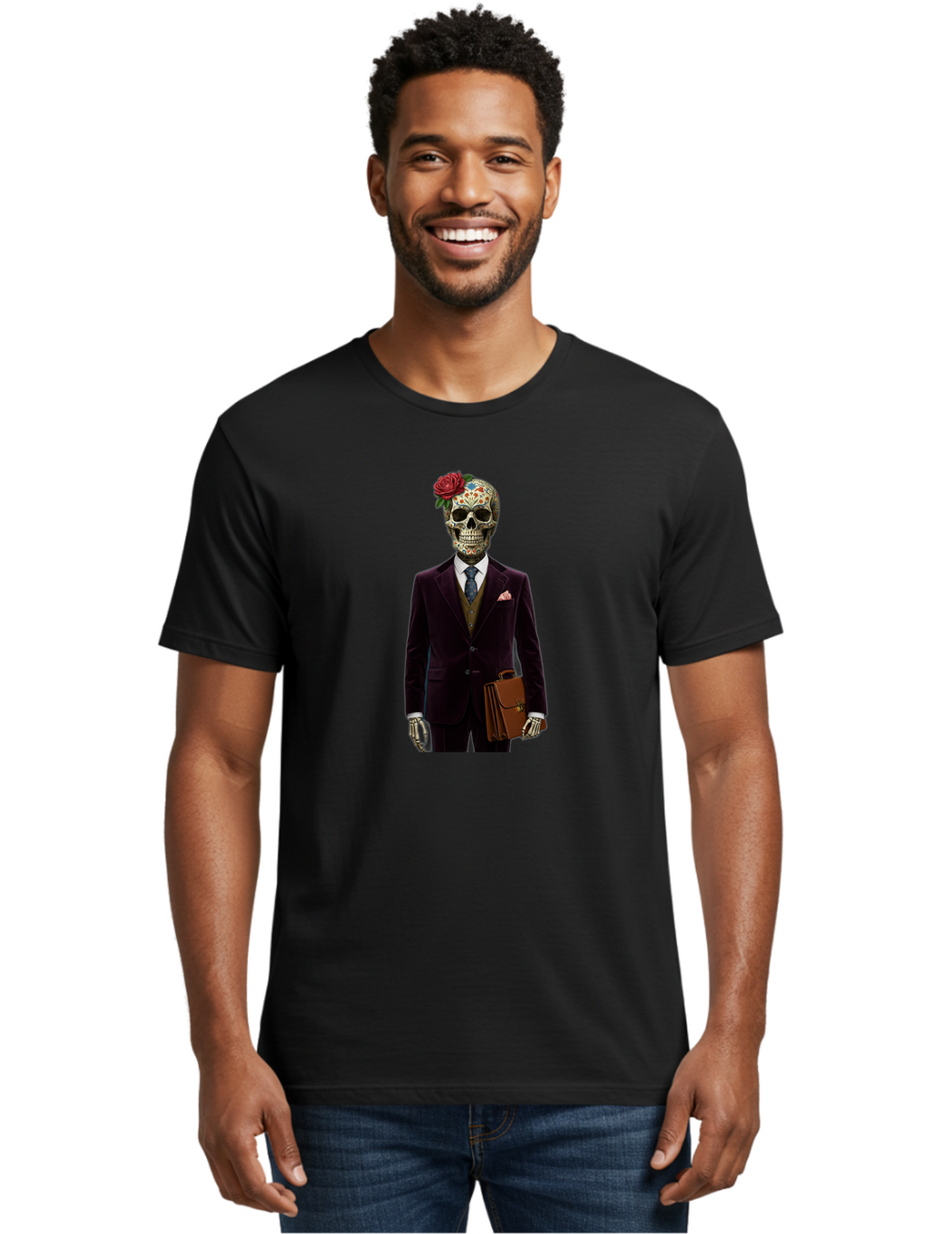 Sugar-Skull-Gentleman Men'S Graphic Tee, 100% Cotton, Comfortable Casual Summer Wear, Machine Washable, Sugar Skull, Businessman Attire, Formal Wear, Briefcase, Day Of The Dead, Colorful Skull, Decorated Skull, Skeleton Hand, Formal Suit, Bad784