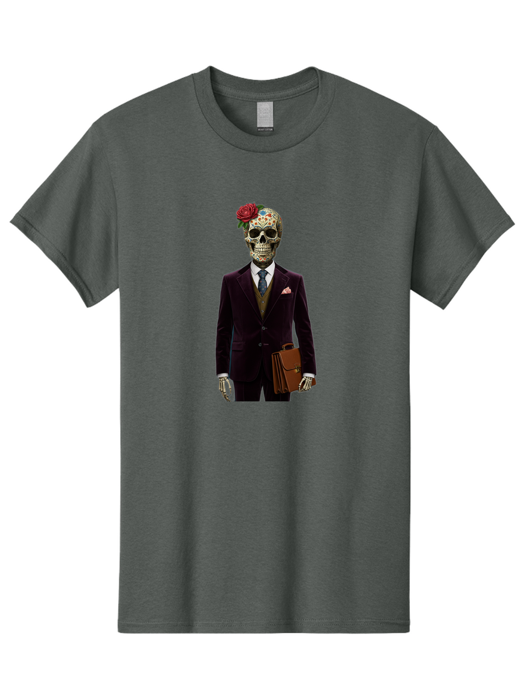 Sugar-Skull-Gentleman Men'S Graphic Tee, 100% Cotton, Comfortable Casual Summer Wear, Machine Washable, Sugar Skull, Businessman Attire, Formal Wear, Briefcase, Day Of The Dead, Colorful Skull, Decorated Skull, Skeleton Hand, Formal Suit, Bad784