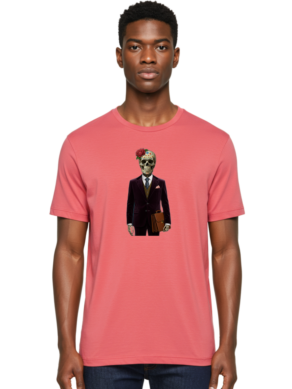 Sugar-Skull-Gentleman Men'S Graphic Tee, 100% Cotton, Comfortable Casual Summer Wear, Machine Washable, Sugar Skull, Businessman Attire, Formal Wear, Briefcase, Day Of The Dead, Colorful Skull, Decorated Skull, Skeleton Hand, Formal Suit, Bad784