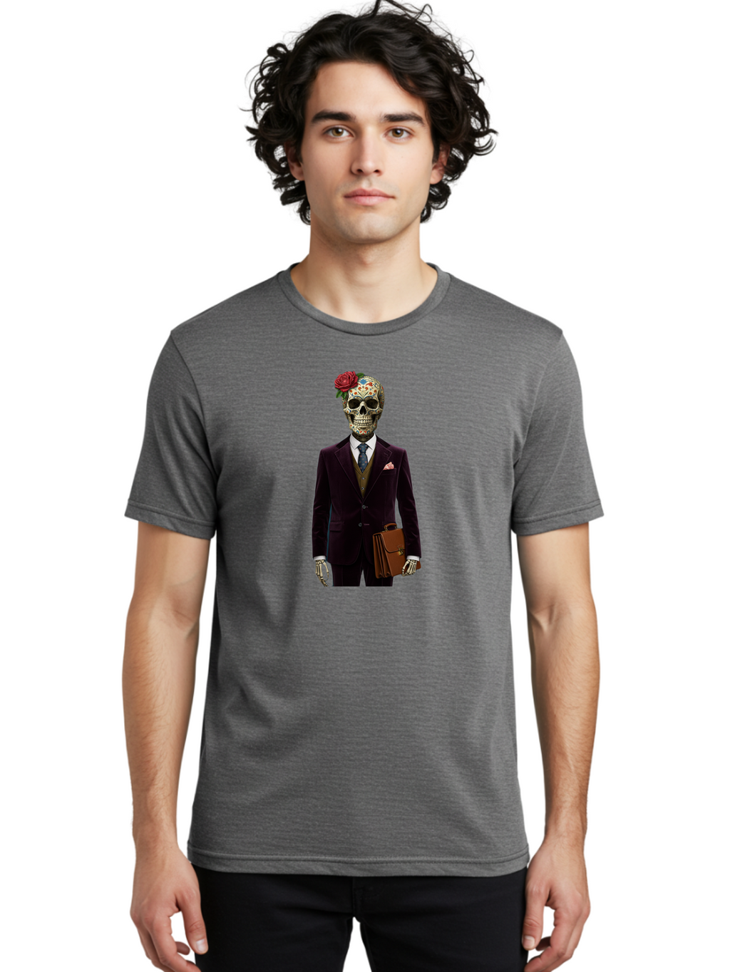 Sugar-Skull-Gentleman Men'S Graphic Tee, 100% Cotton, Comfortable Casual Summer Wear, Machine Washable, Sugar Skull, Businessman Attire, Formal Wear, Briefcase, Day Of The Dead, Colorful Skull, Decorated Skull, Skeleton Hand, Formal Suit, Bad784