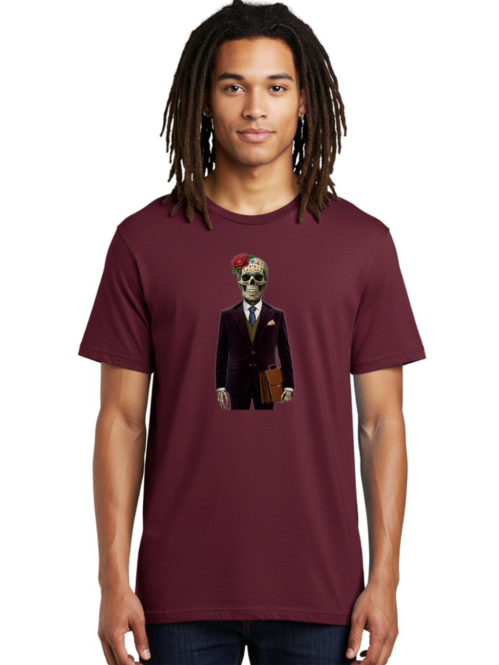 Sugar-Skull-Gentleman Men'S Graphic Tee, 100% Cotton, Comfortable Casual Summer Wear, Machine Washable, Sugar Skull, Businessman Attire, Formal Wear, Briefcase, Day Of The Dead, Colorful Skull, Decorated Skull, Skeleton Hand, Formal Suit, Bad784