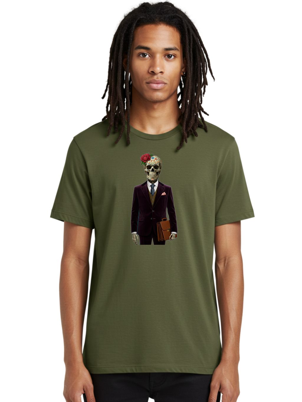 Sugar-Skull-Gentleman Men'S Graphic Tee, 100% Cotton, Comfortable Casual Summer Wear, Machine Washable, Sugar Skull, Businessman Attire, Formal Wear, Briefcase, Day Of The Dead, Colorful Skull, Decorated Skull, Skeleton Hand, Formal Suit, Bad784