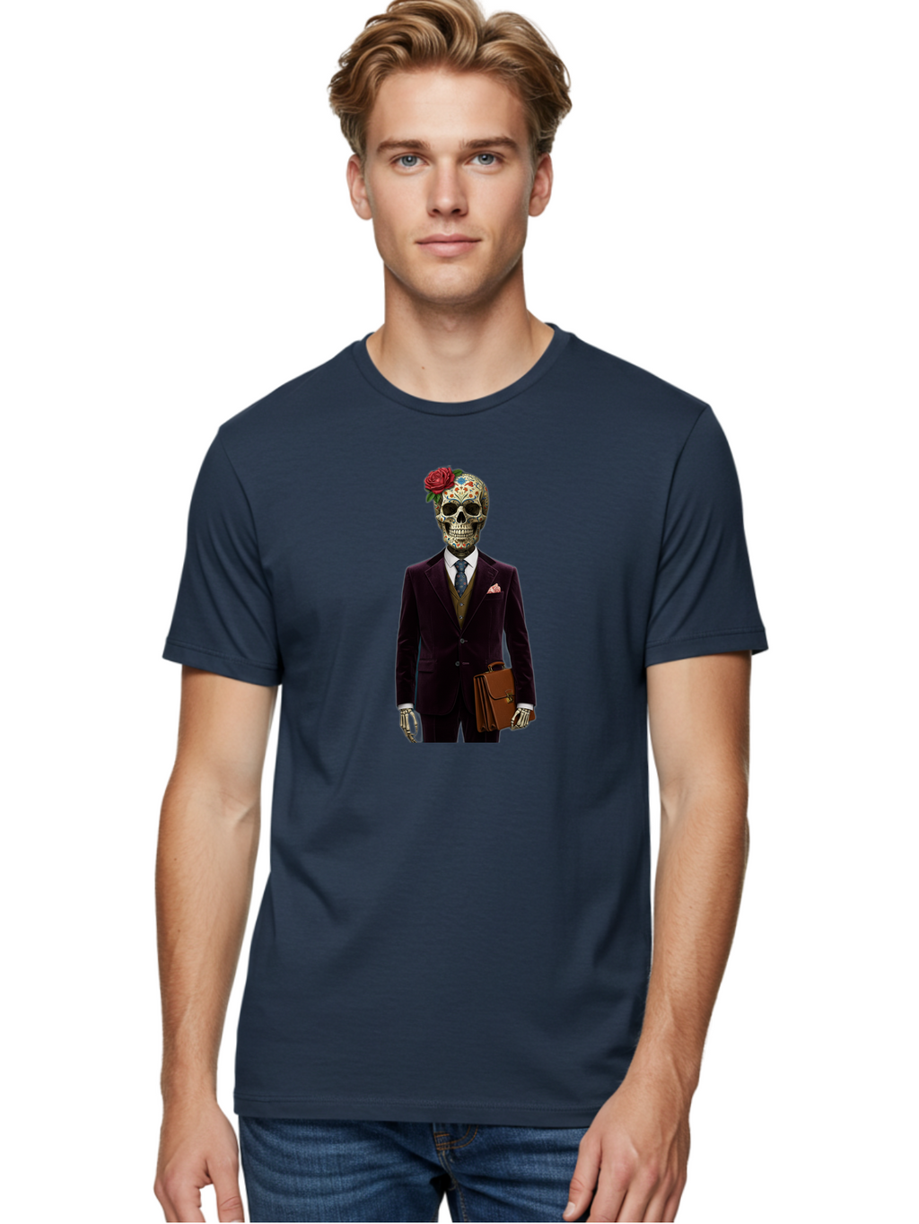 Sugar-Skull-Gentleman Men'S Graphic Tee, 100% Cotton, Comfortable Casual Summer Wear, Machine Washable, Sugar Skull, Businessman Attire, Formal Wear, Briefcase, Day Of The Dead, Colorful Skull, Decorated Skull, Skeleton Hand, Formal Suit, Bad784