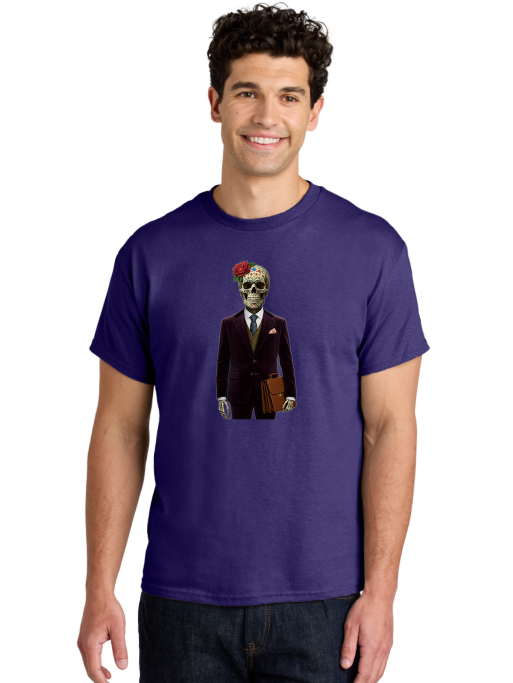 Sugar-Skull-Gentleman Men'S Graphic Tee, 100% Cotton, Comfortable Casual Summer Wear, Machine Washable, Sugar Skull, Businessman Attire, Formal Wear, Briefcase, Day Of The Dead, Colorful Skull, Decorated Skull, Skeleton Hand, Formal Suit, Bad784