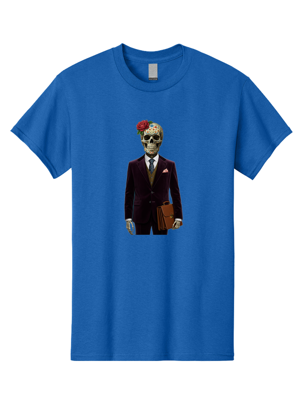 Sugar-Skull-Gentleman Men'S Graphic Tee, 100% Cotton, Comfortable Casual Summer Wear, Machine Washable, Sugar Skull, Businessman Attire, Formal Wear, Briefcase, Day Of The Dead, Colorful Skull, Decorated Skull, Skeleton Hand, Formal Suit, Bad784