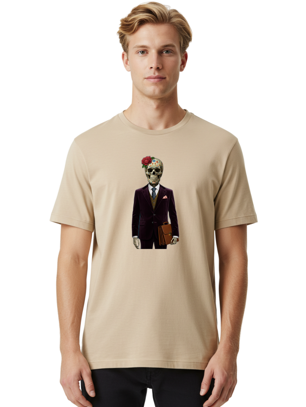 Sugar-Skull-Gentleman Men'S Graphic Tee, 100% Cotton, Comfortable Casual Summer Wear, Machine Washable, Sugar Skull, Businessman Attire, Formal Wear, Briefcase, Day Of The Dead, Colorful Skull, Decorated Skull, Skeleton Hand, Formal Suit, Bad784
